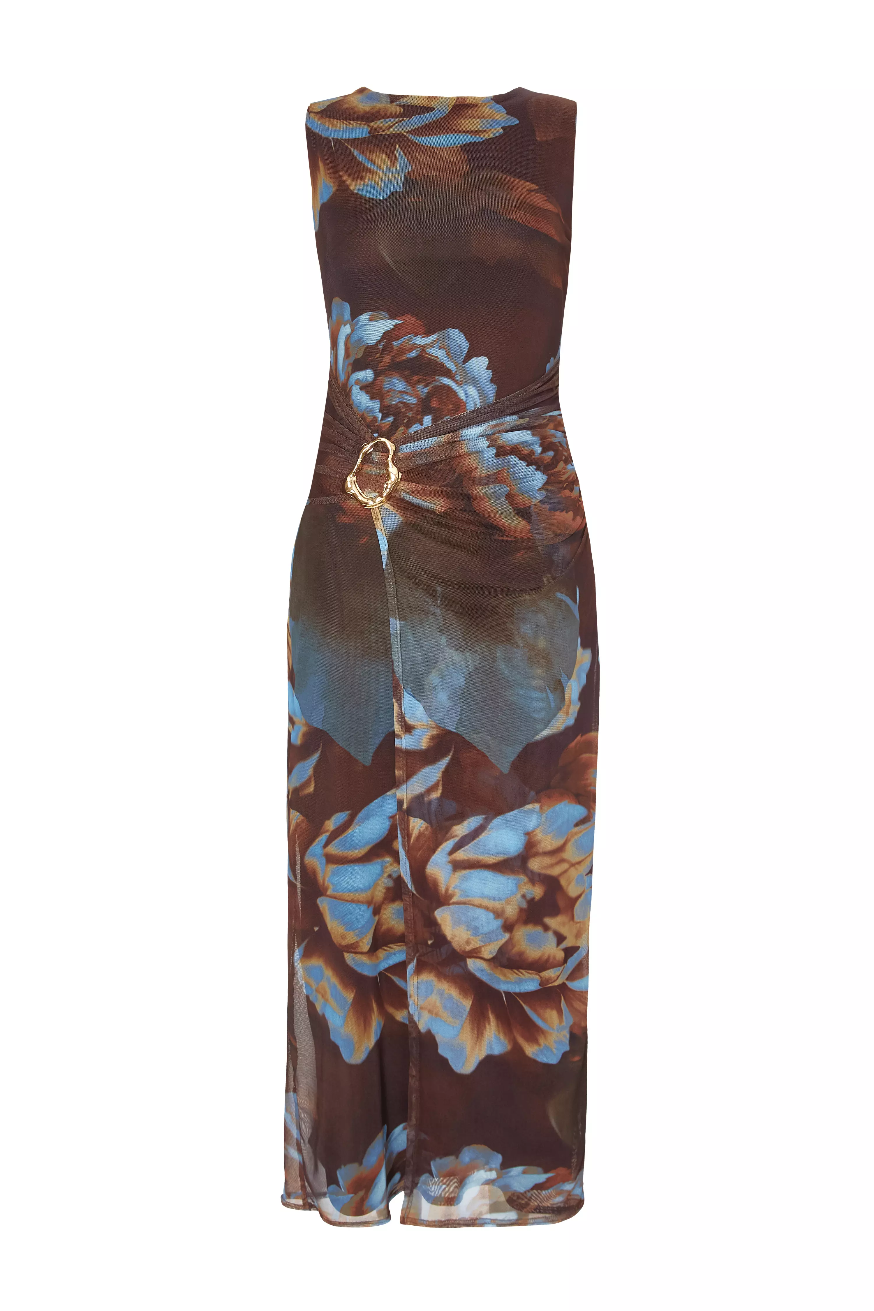 Brown Mesh Floral Midaxi Dress
