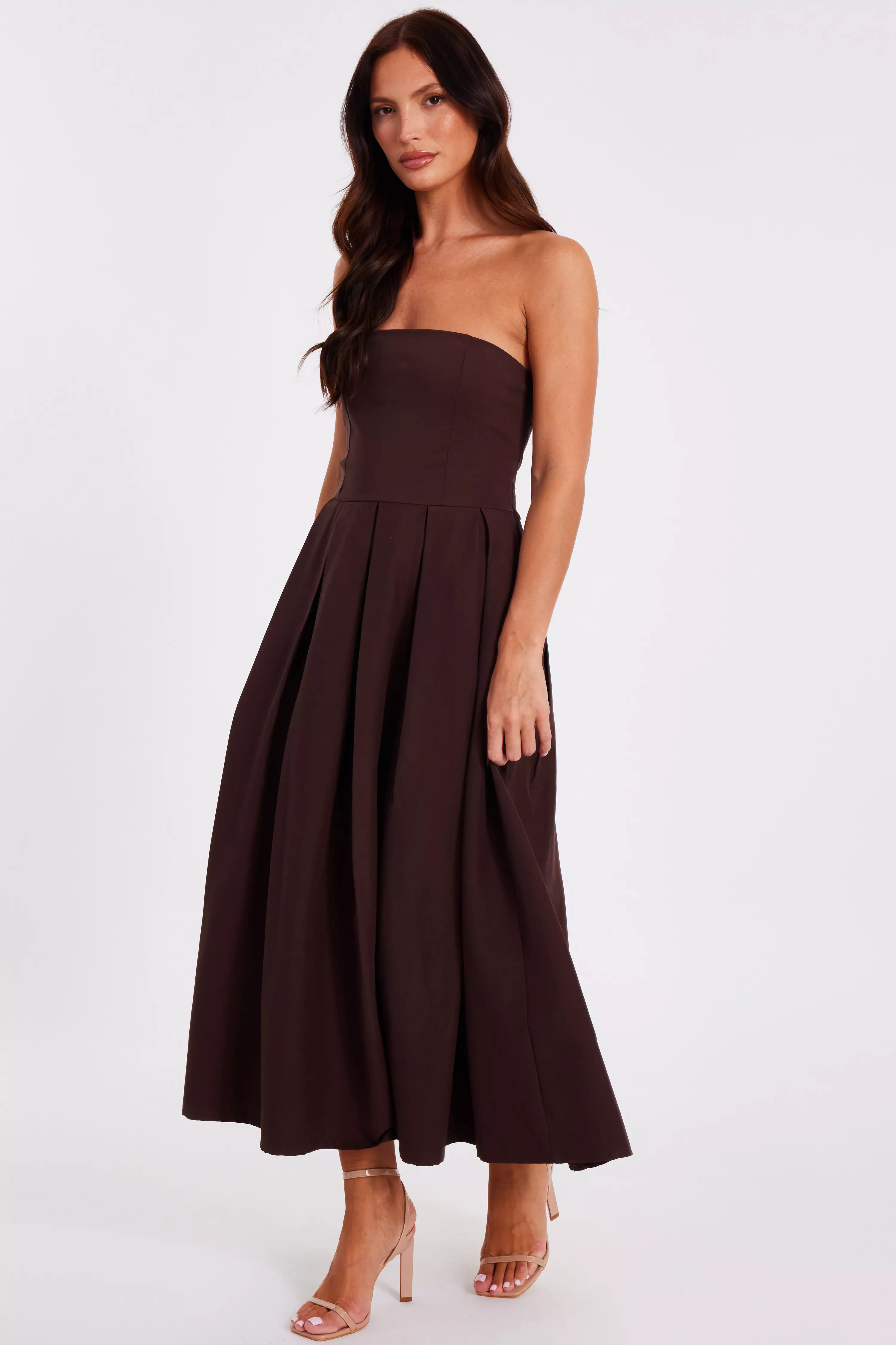 Brown Bandeau Midi Dress
