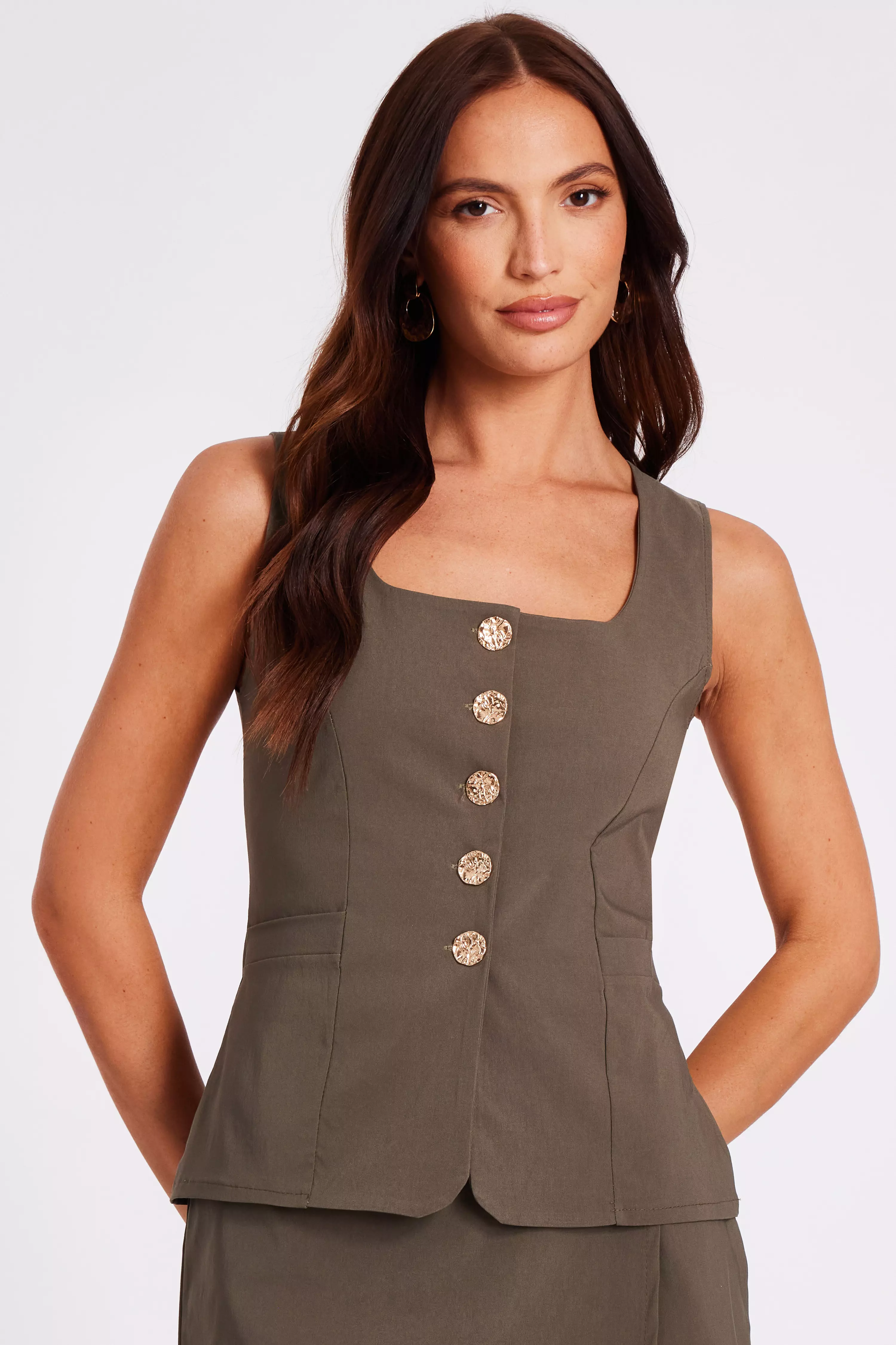 Khaki Button Front Waistcoat