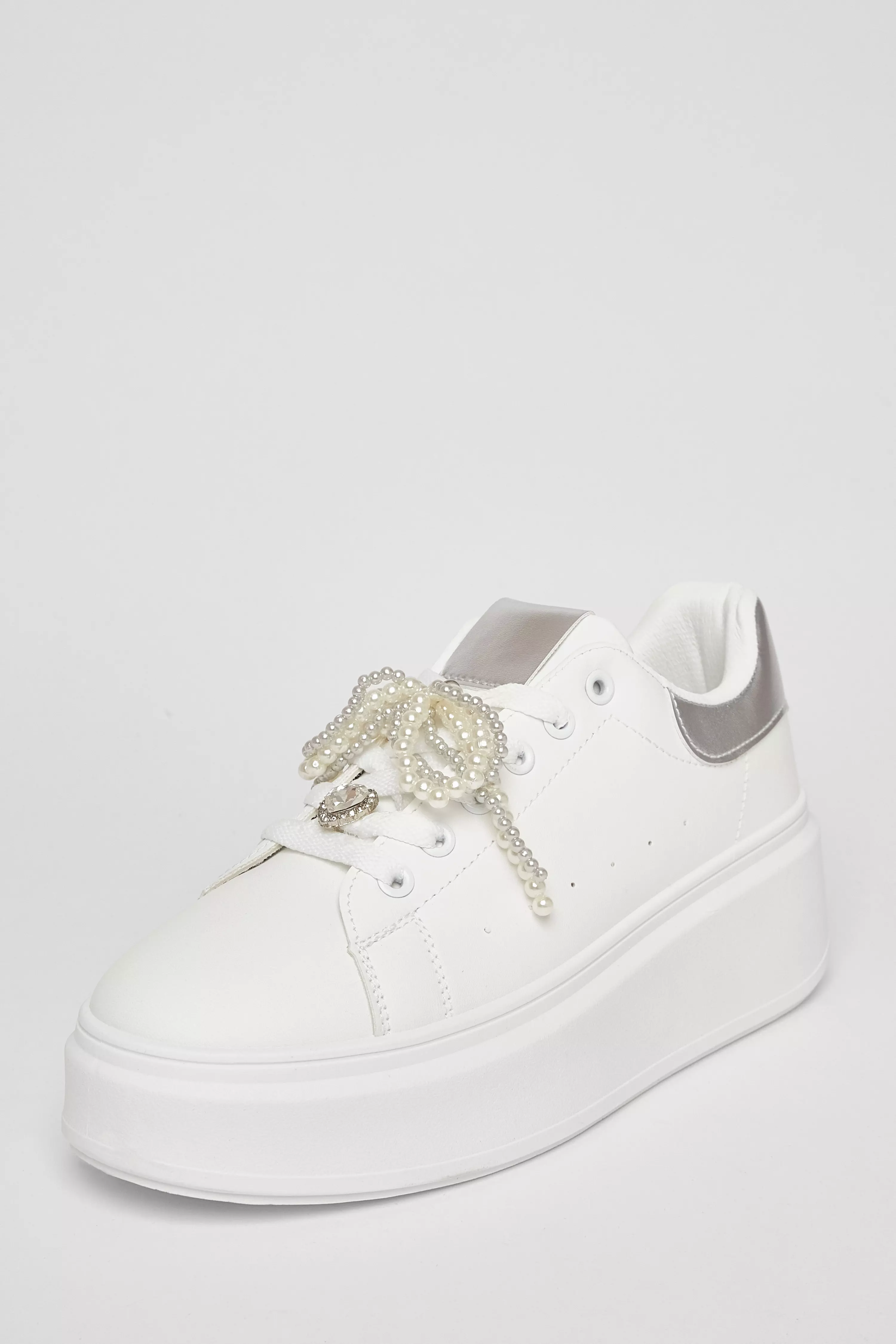 White Diamante Faux Leather Trainers