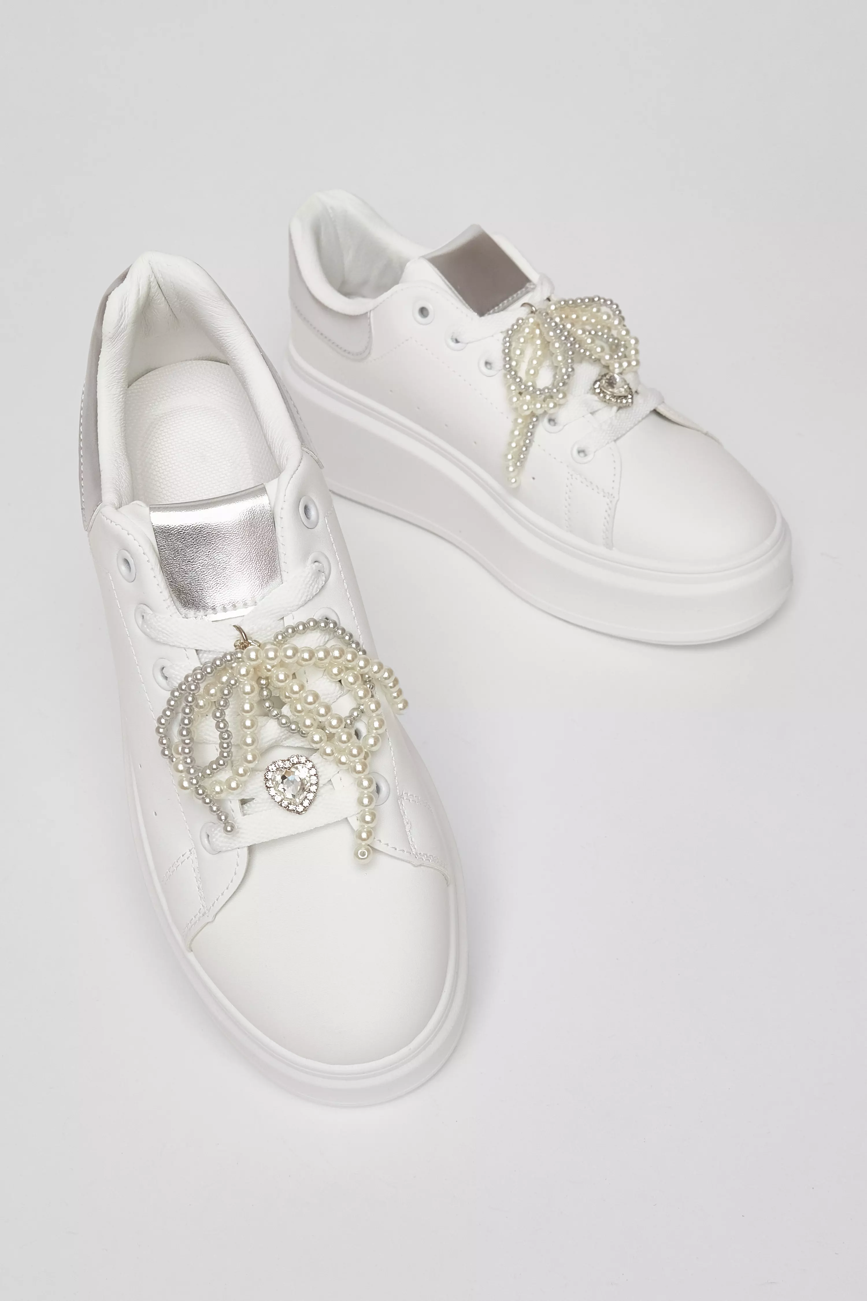 White Diamante Faux Leather Trainers