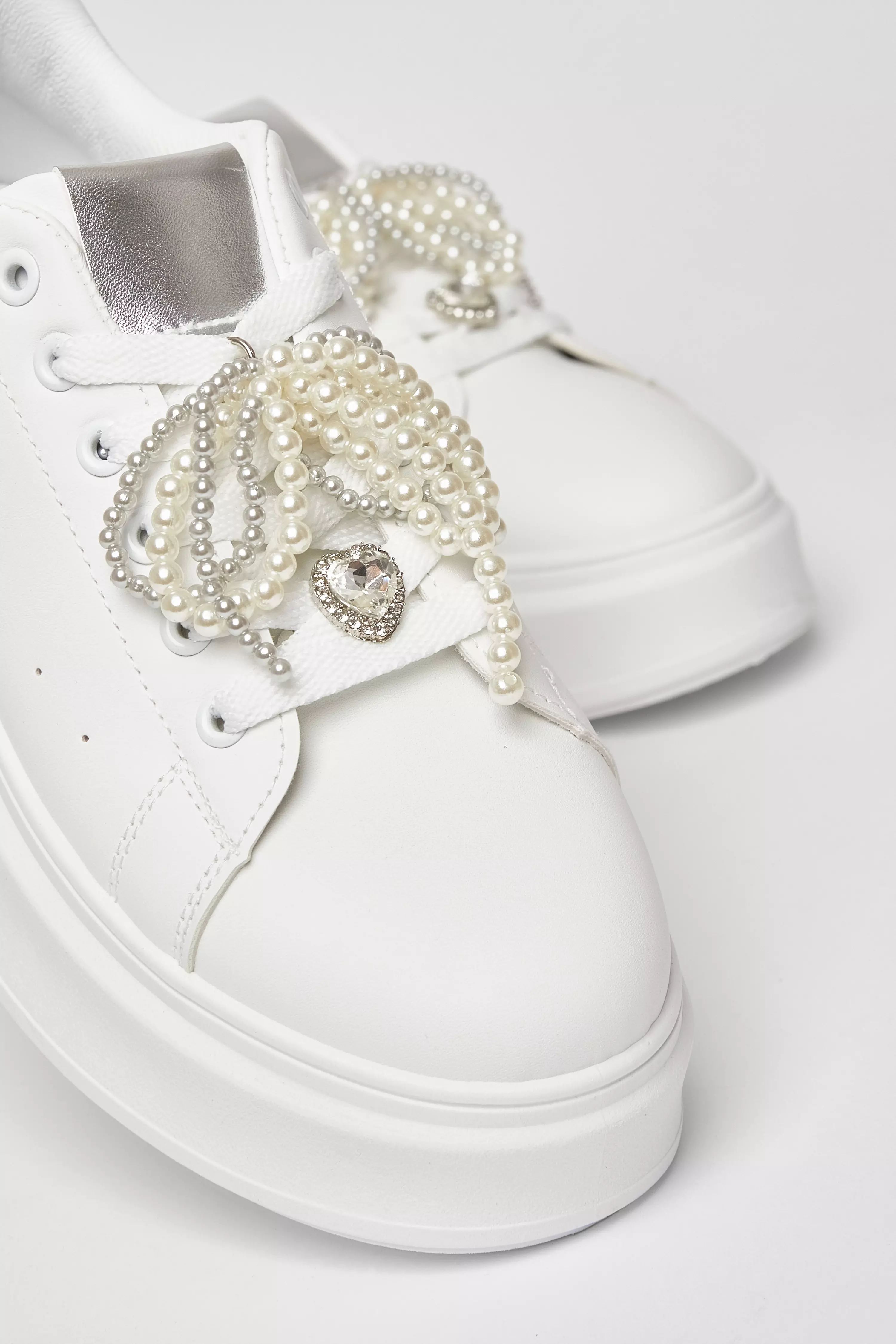 White Diamante Faux Leather Trainers