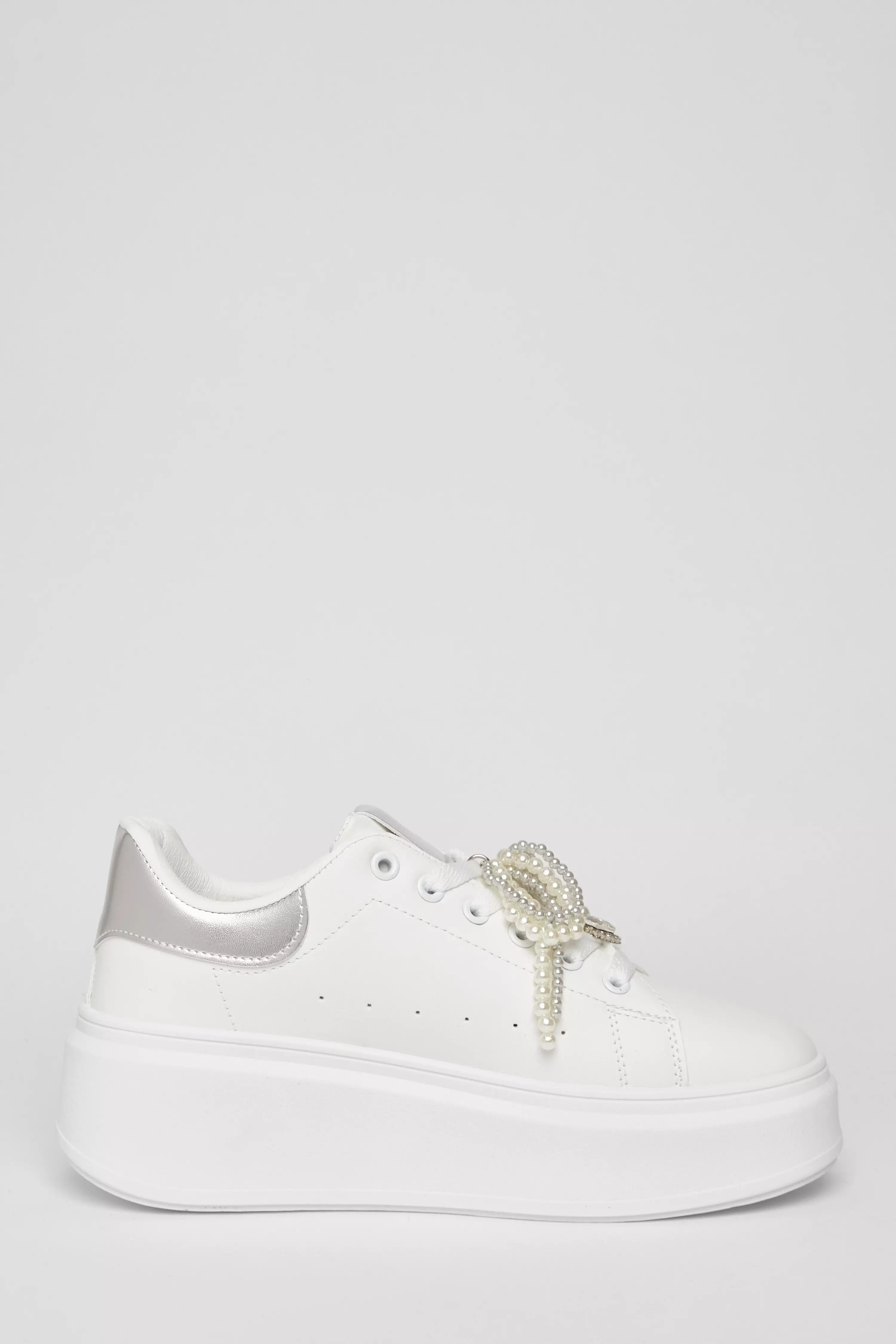 White Diamante Faux Leather Trainers