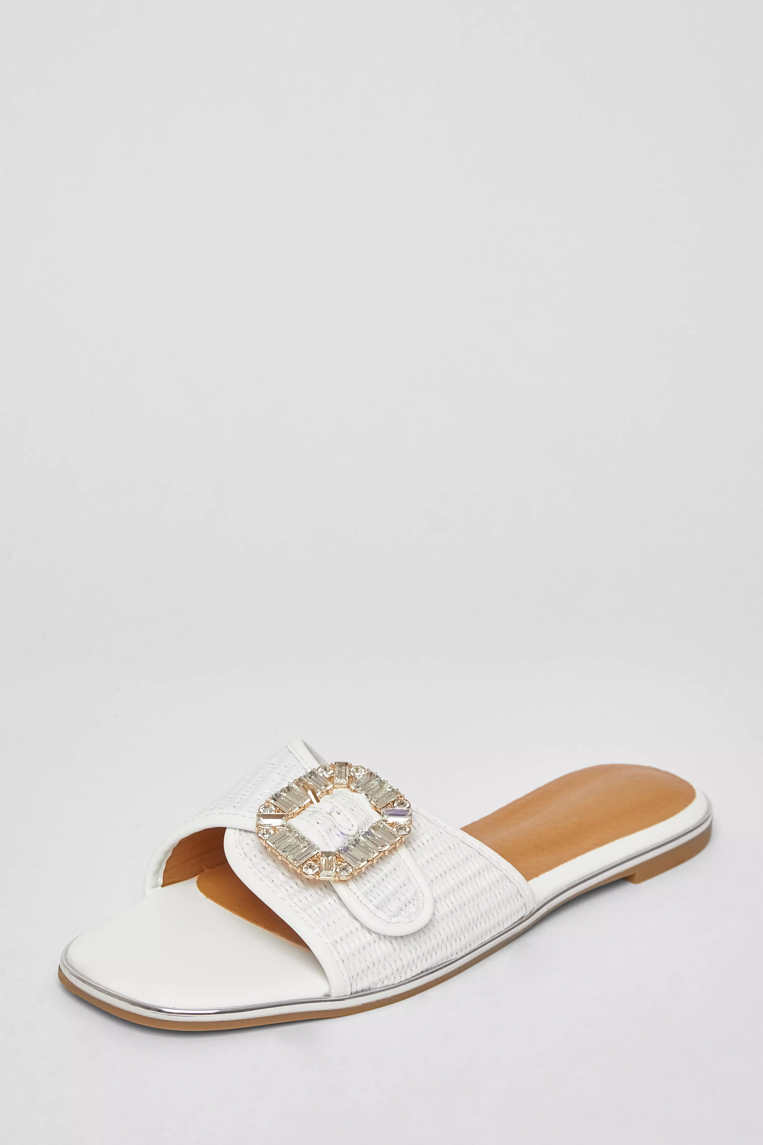 White Diamante Buckle Flat Sandals