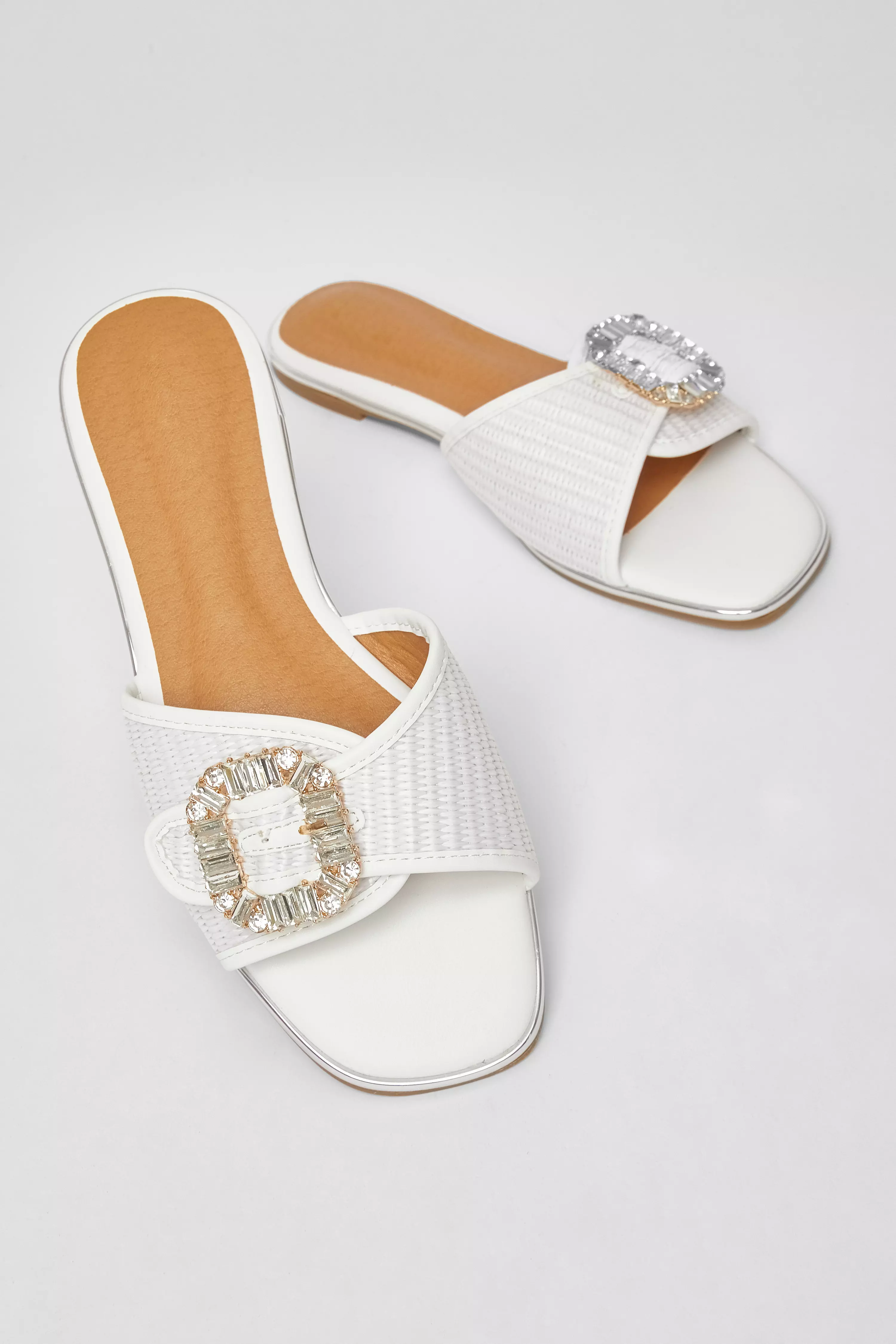 White Diamante Buckle Flat Sandals