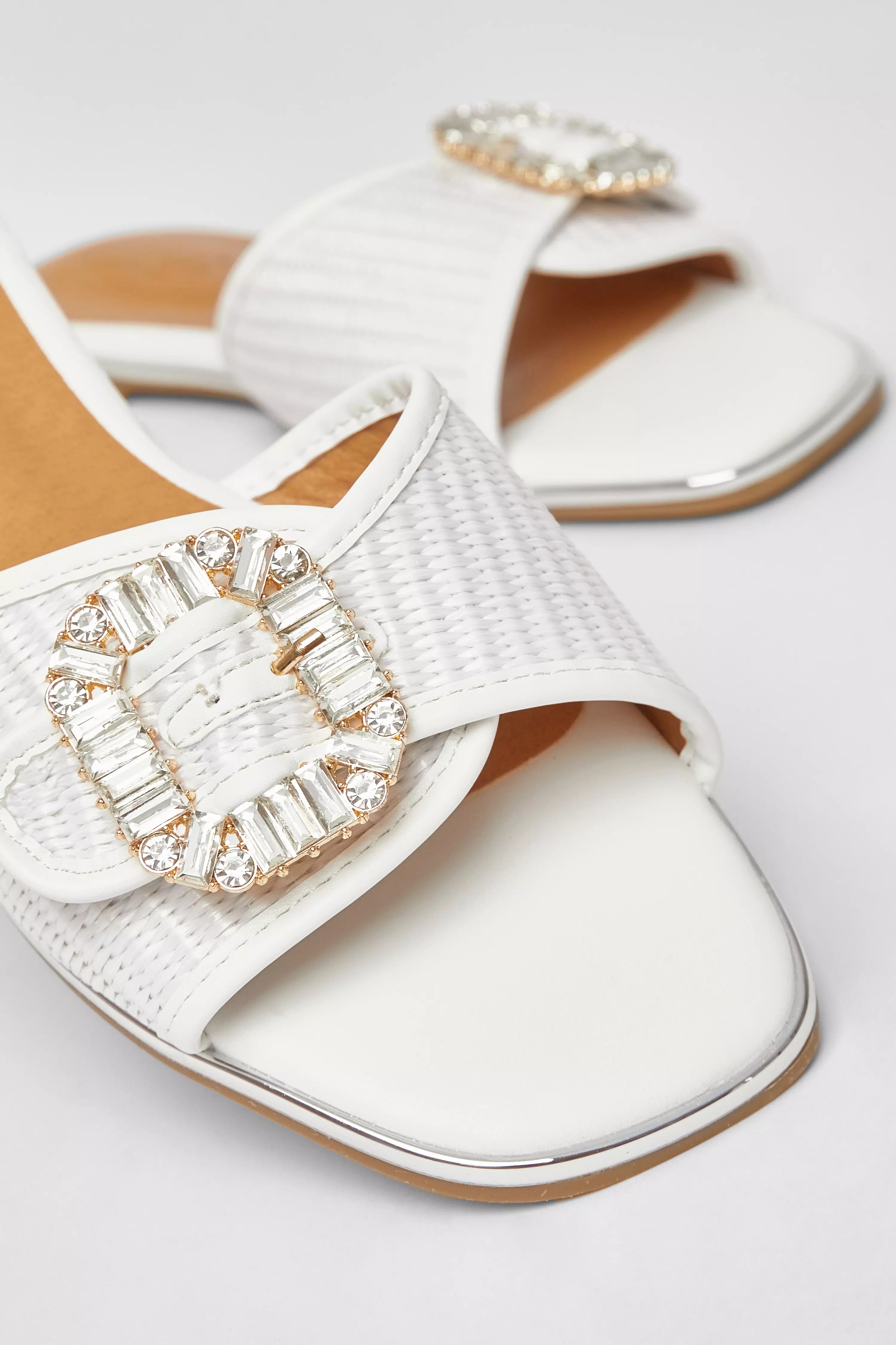 White Diamante Buckle Flat Sandals