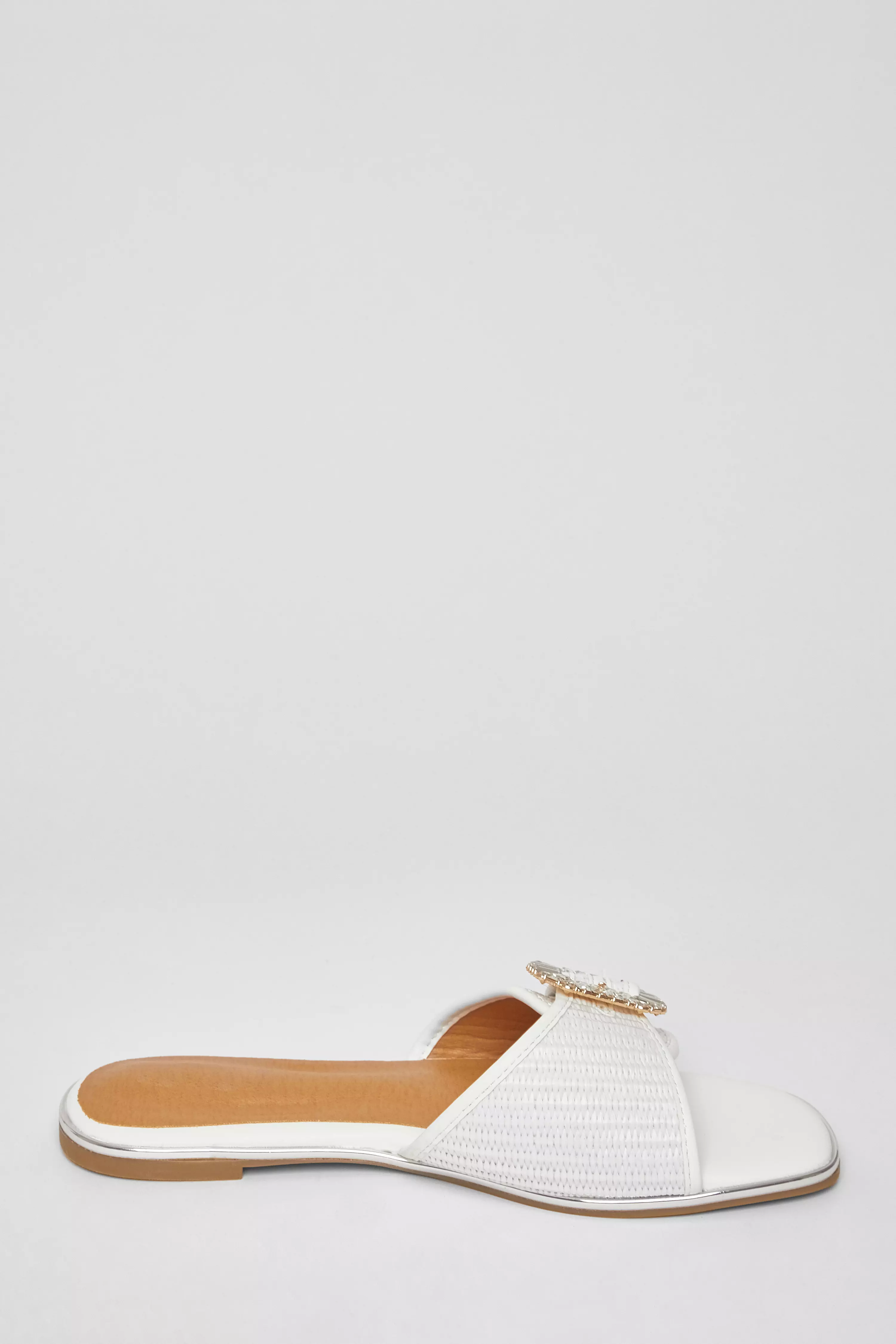 White Diamante Buckle Flat Sandals