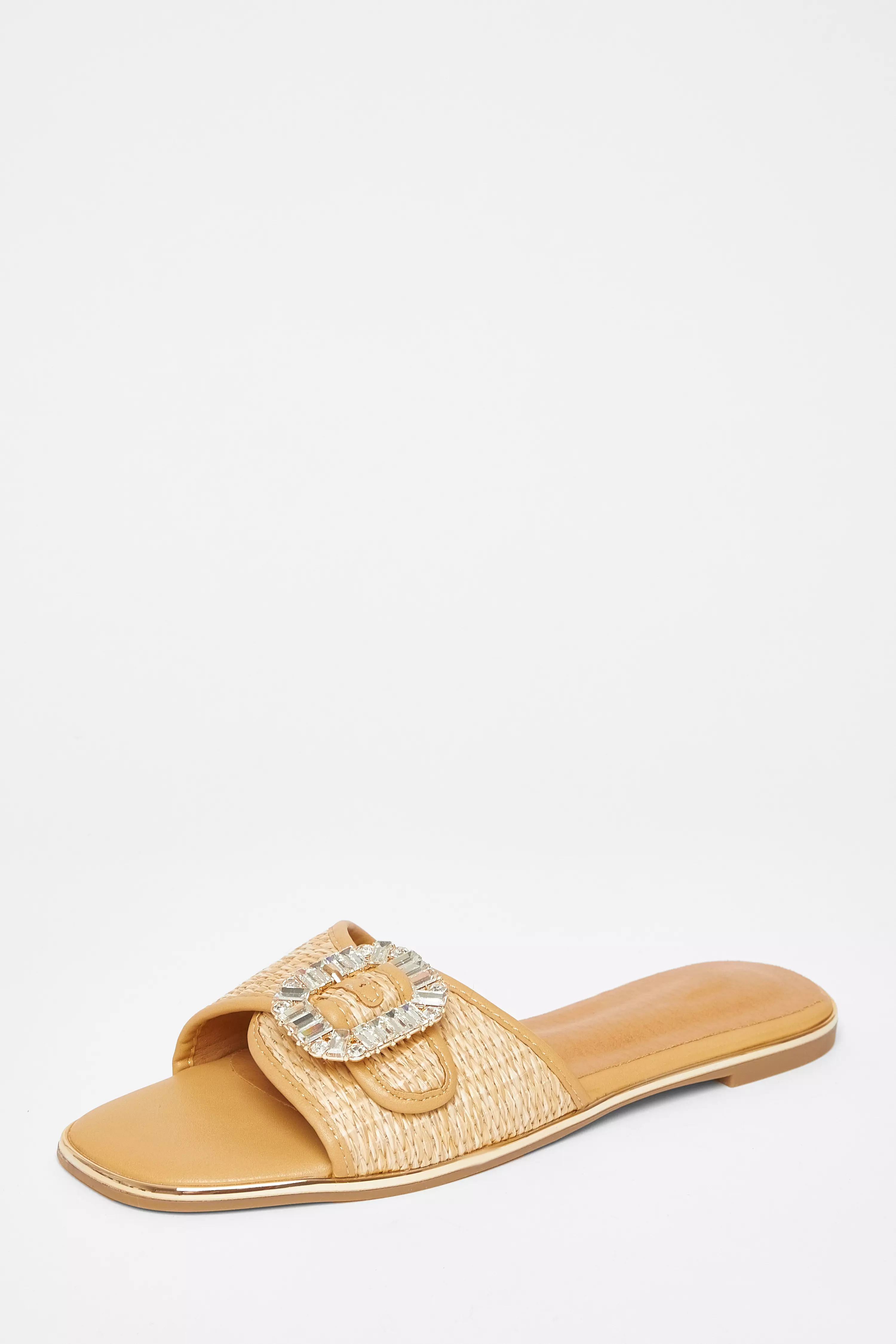 Beige Diamante Buckle Flat Sandals