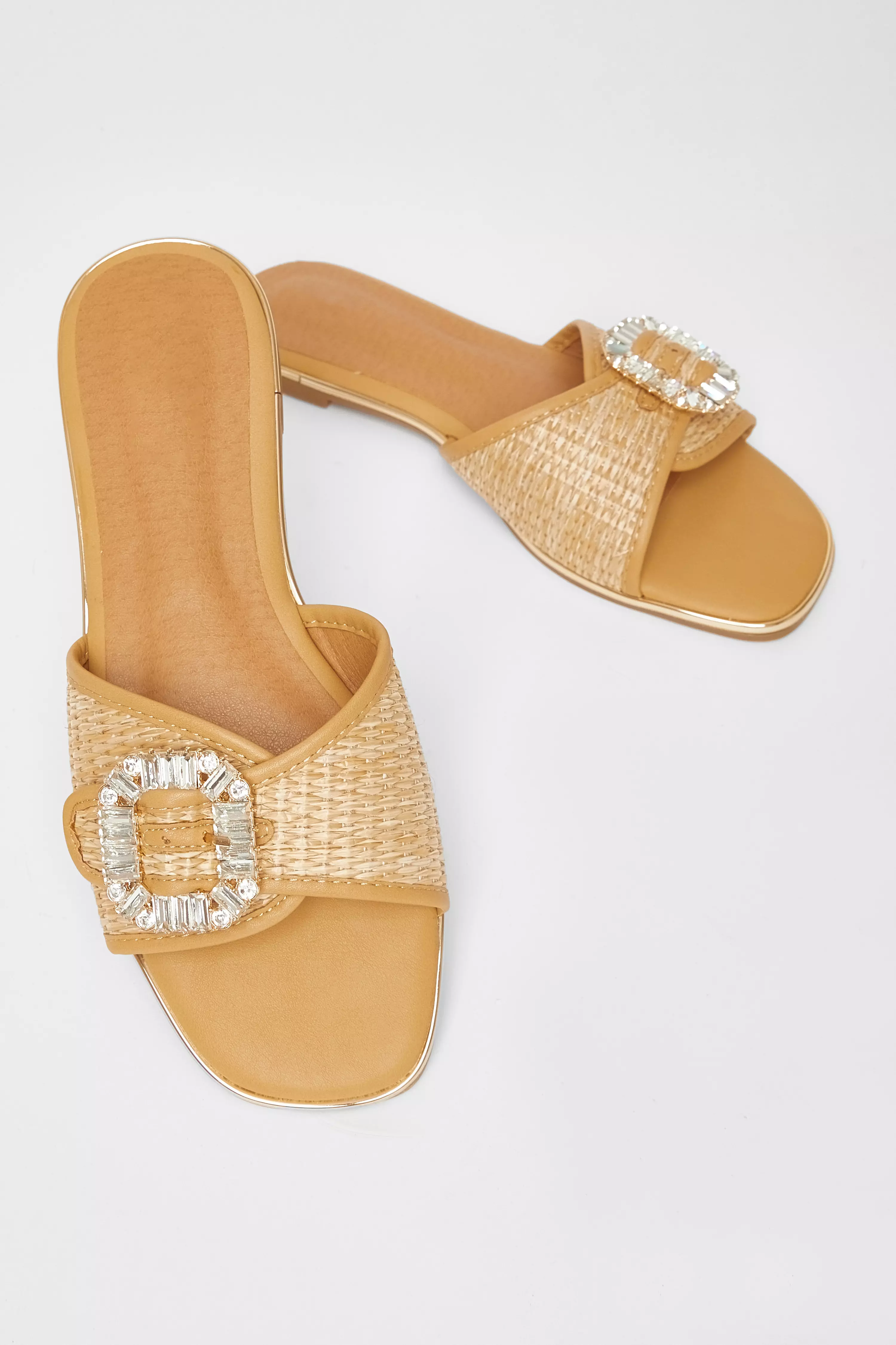 Beige Diamante Buckle Flat Sandals