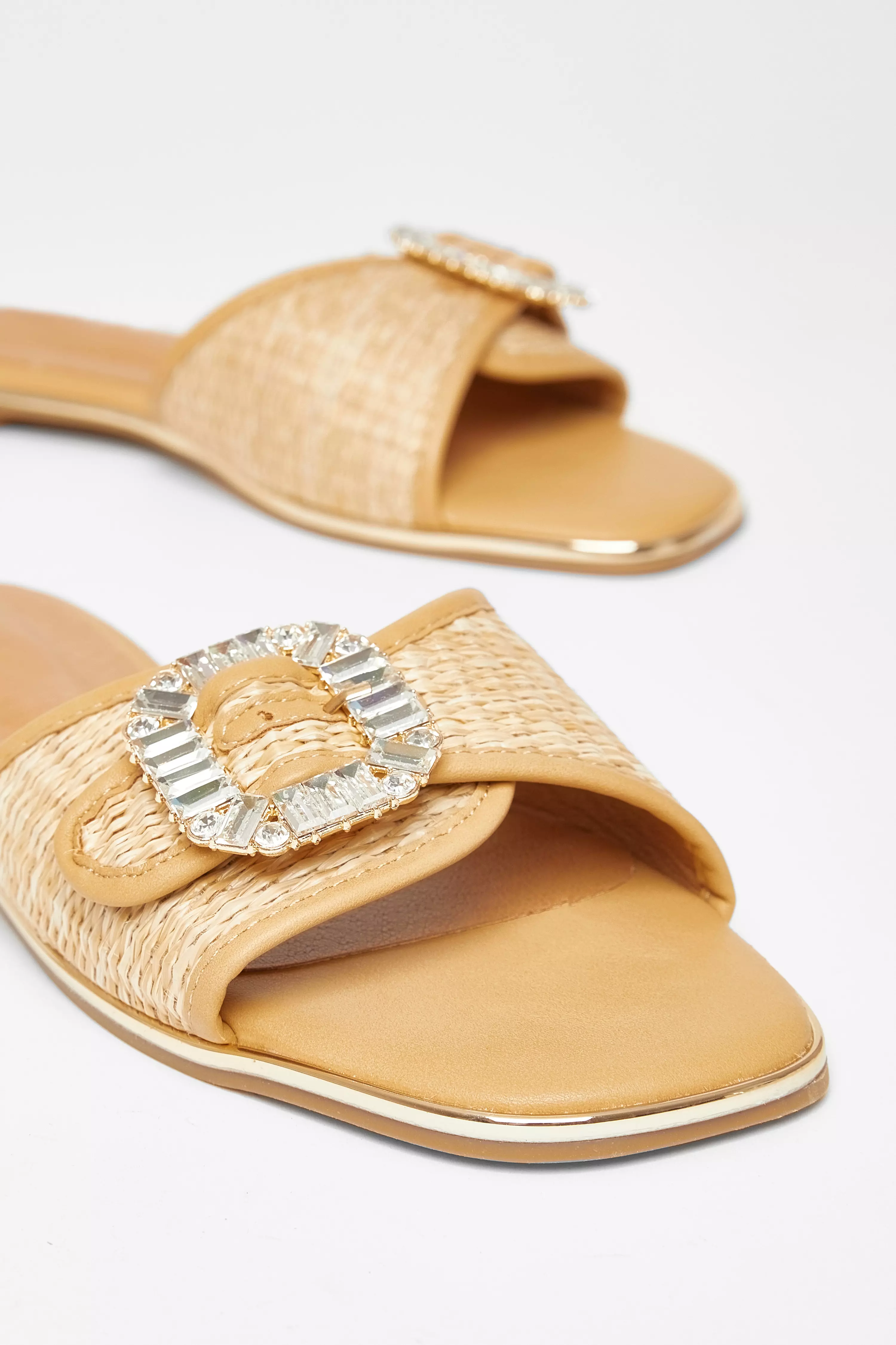 Beige Diamante Buckle Flat Sandals