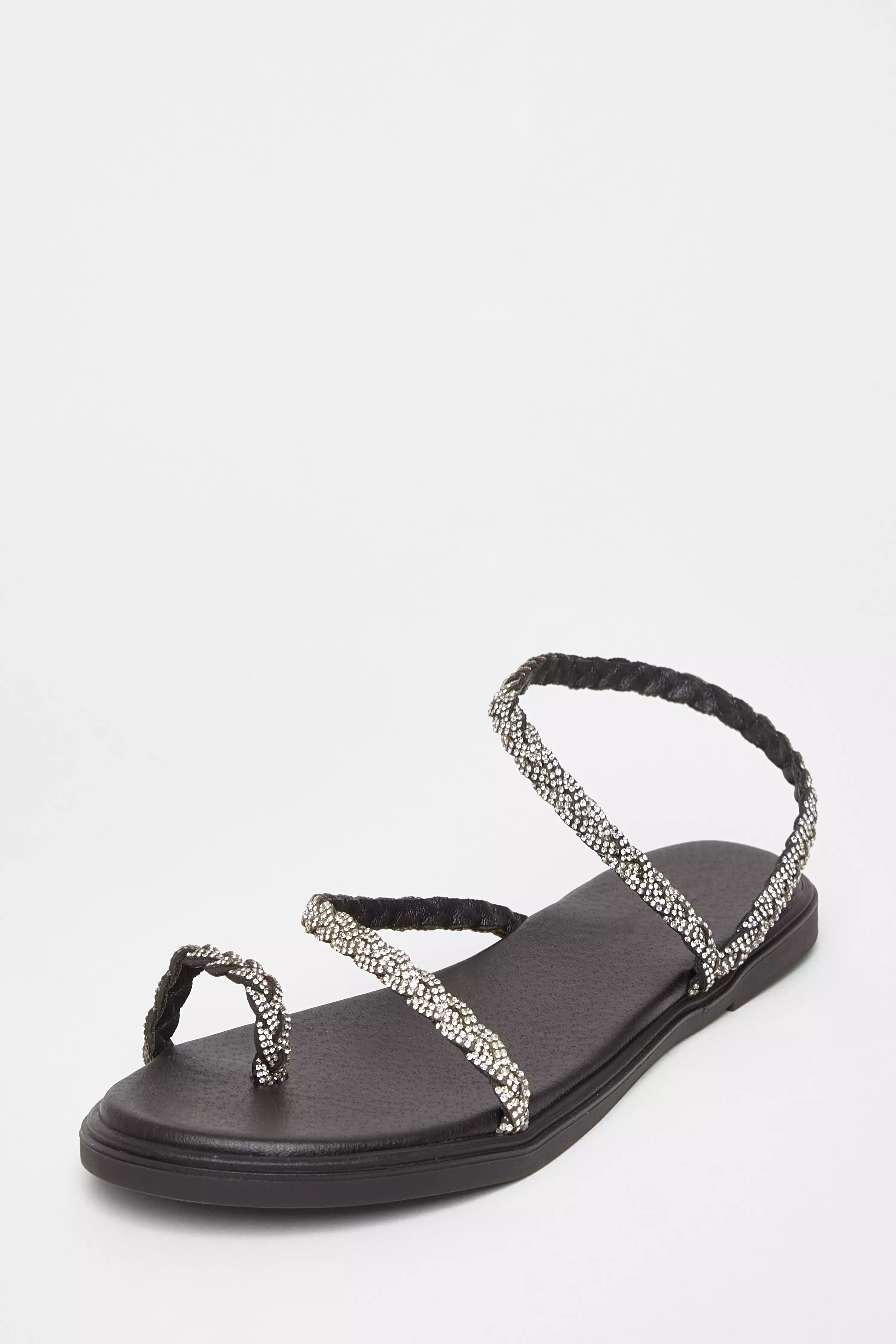 Black Diamante Pleated Flat Sandals