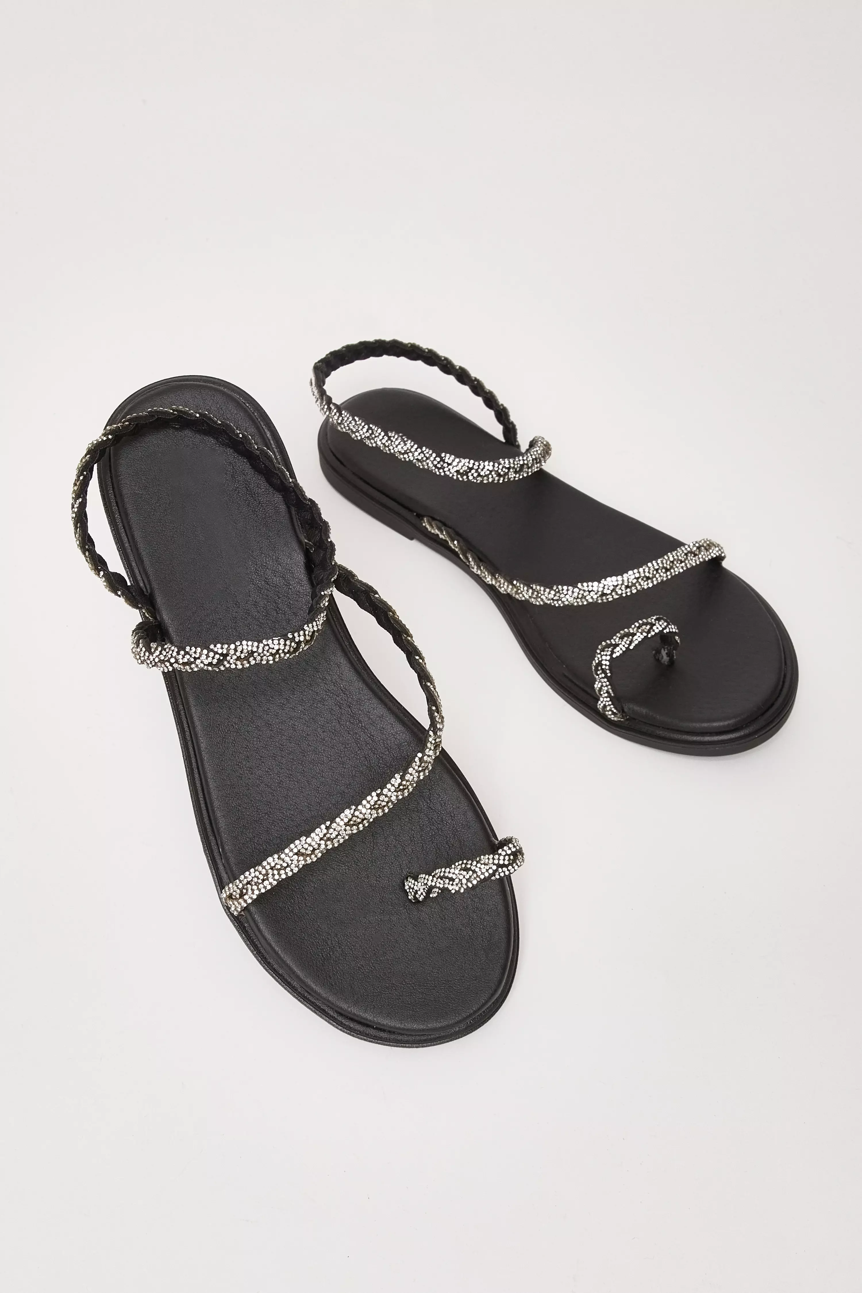 Black Diamante Pleated Flat Sandals