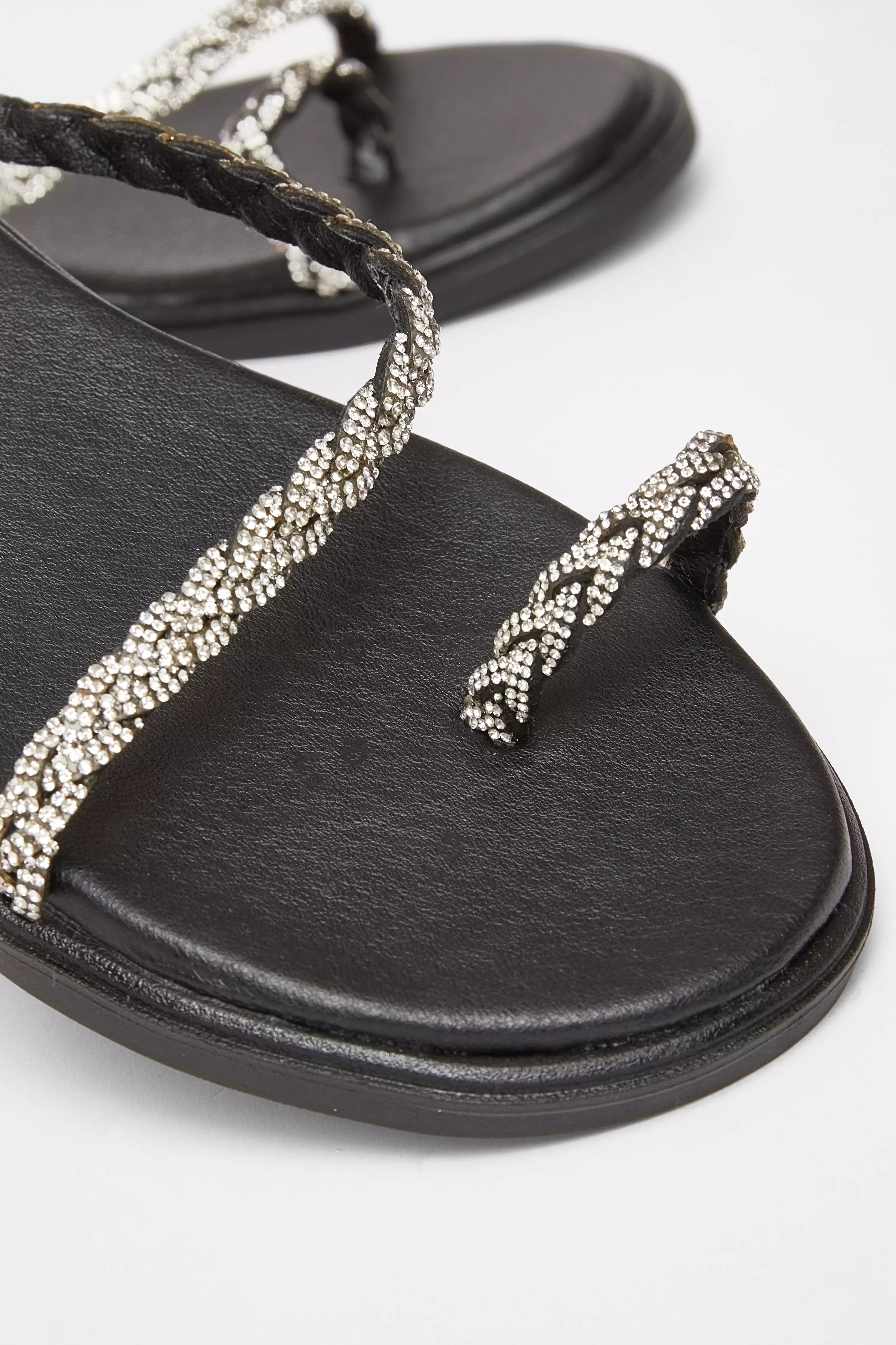Black Diamante Pleated Flat Sandals