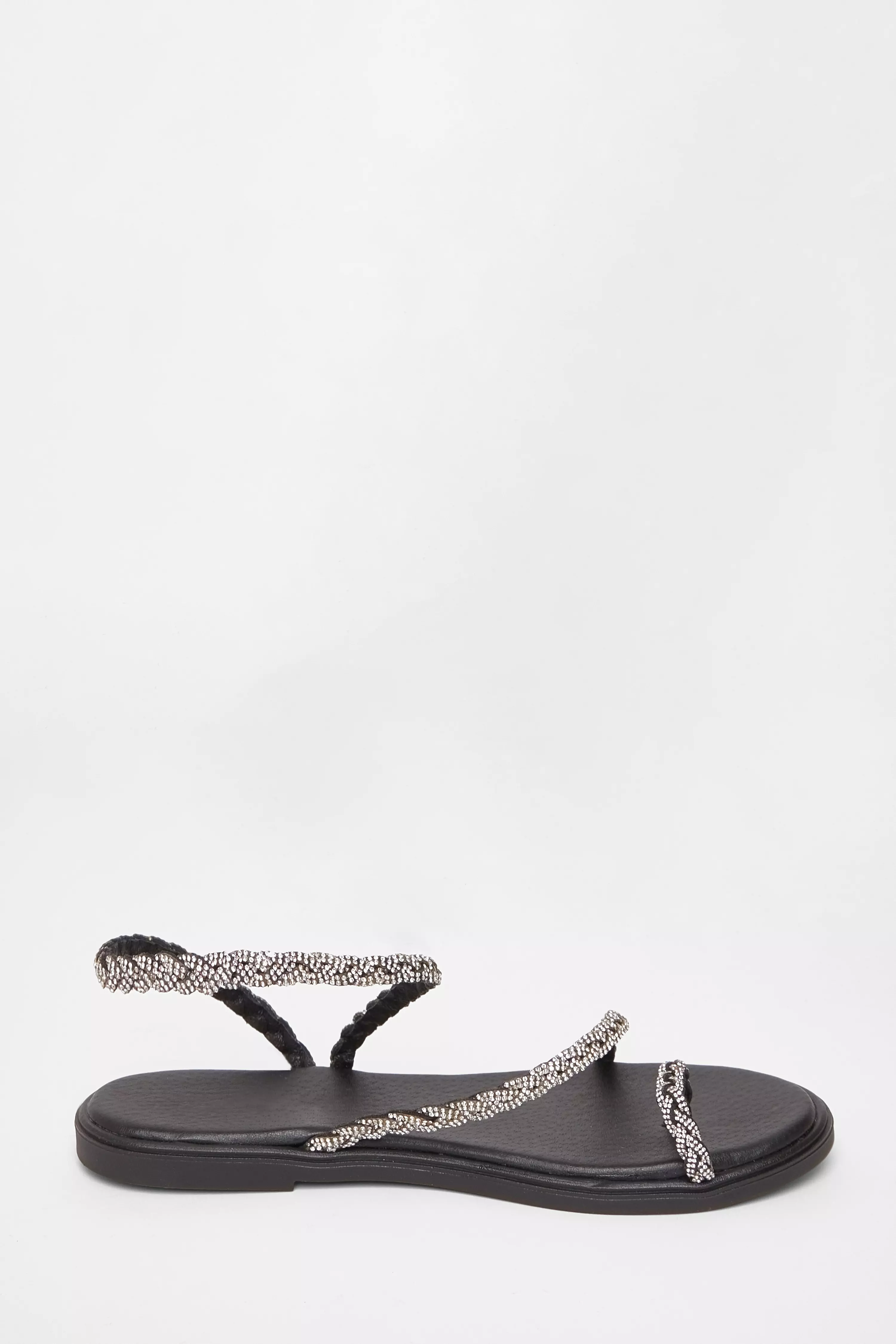 Black Diamante Pleated Flat Sandals