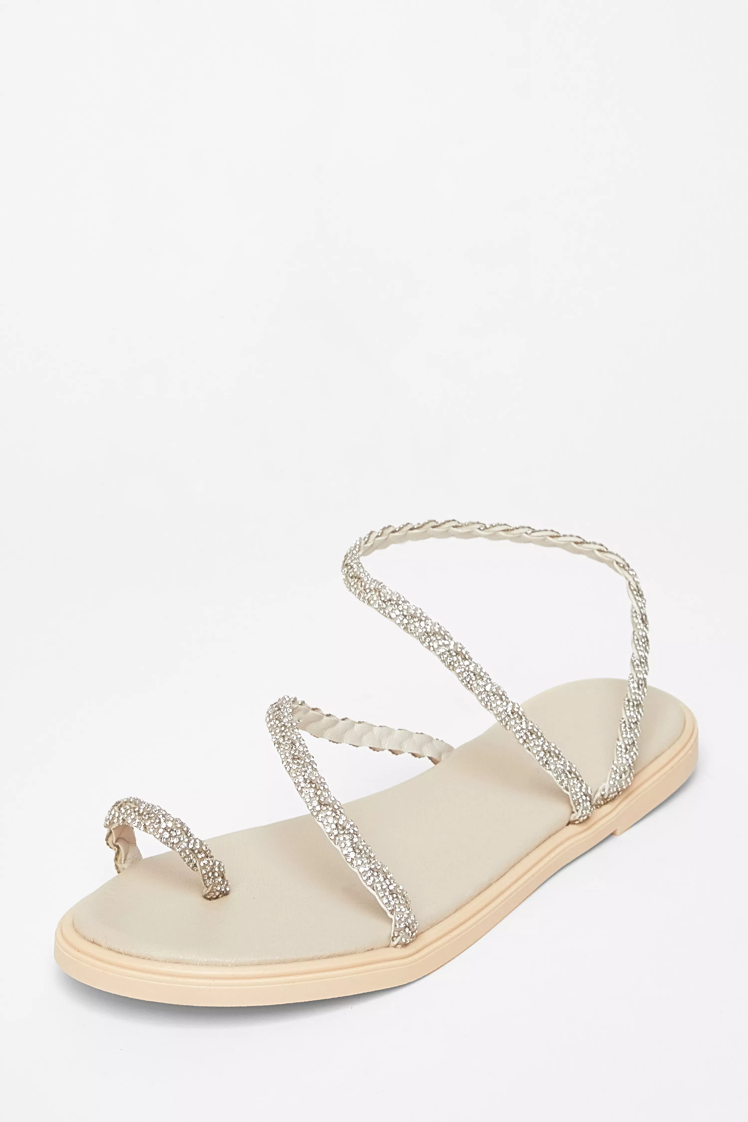 Beige Diamante Pleated Flat Sandals