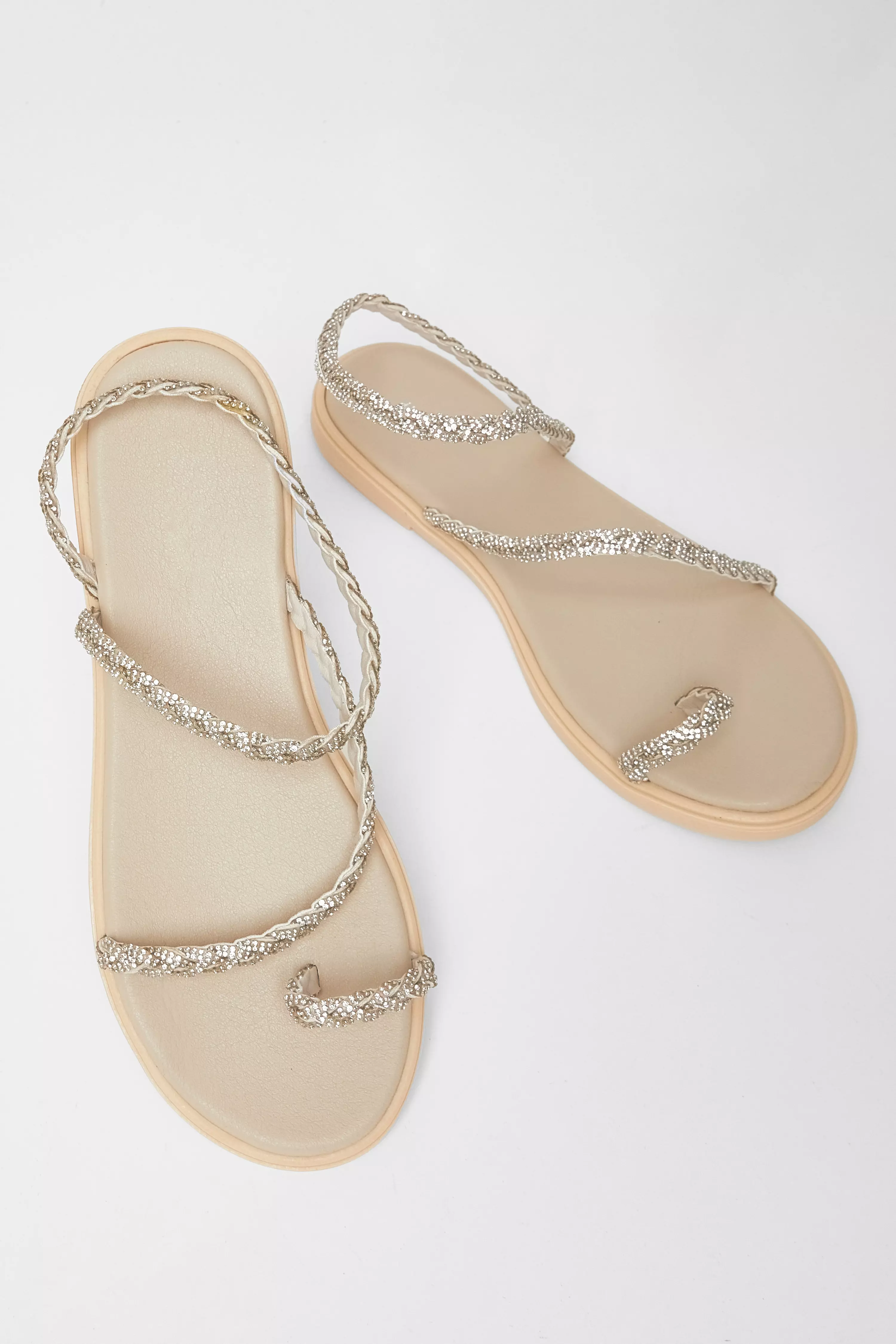 Beige Diamante Pleated Flat Sandals