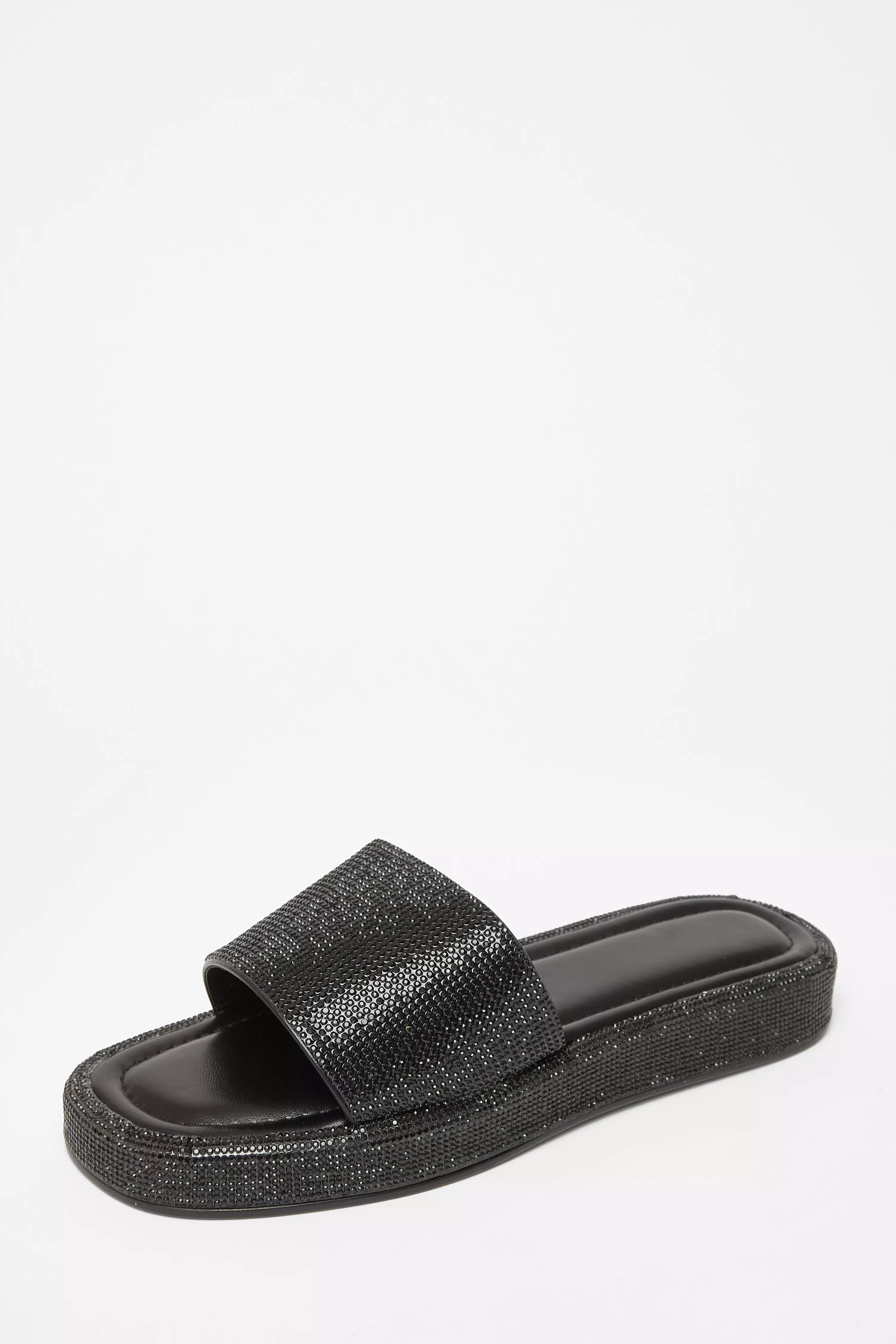 Black Diamante Flat Sandals