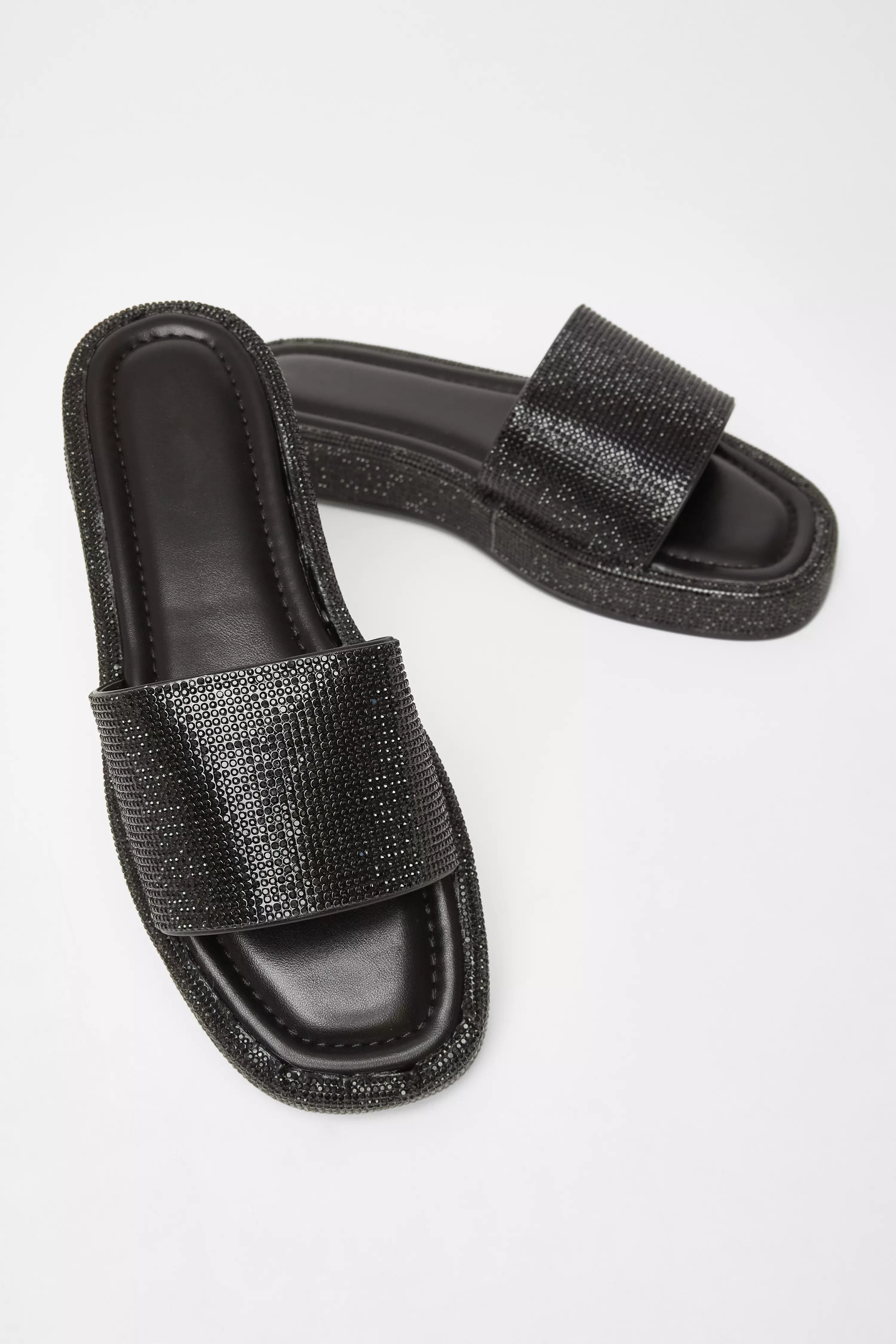 Black Diamante Flat Sandals