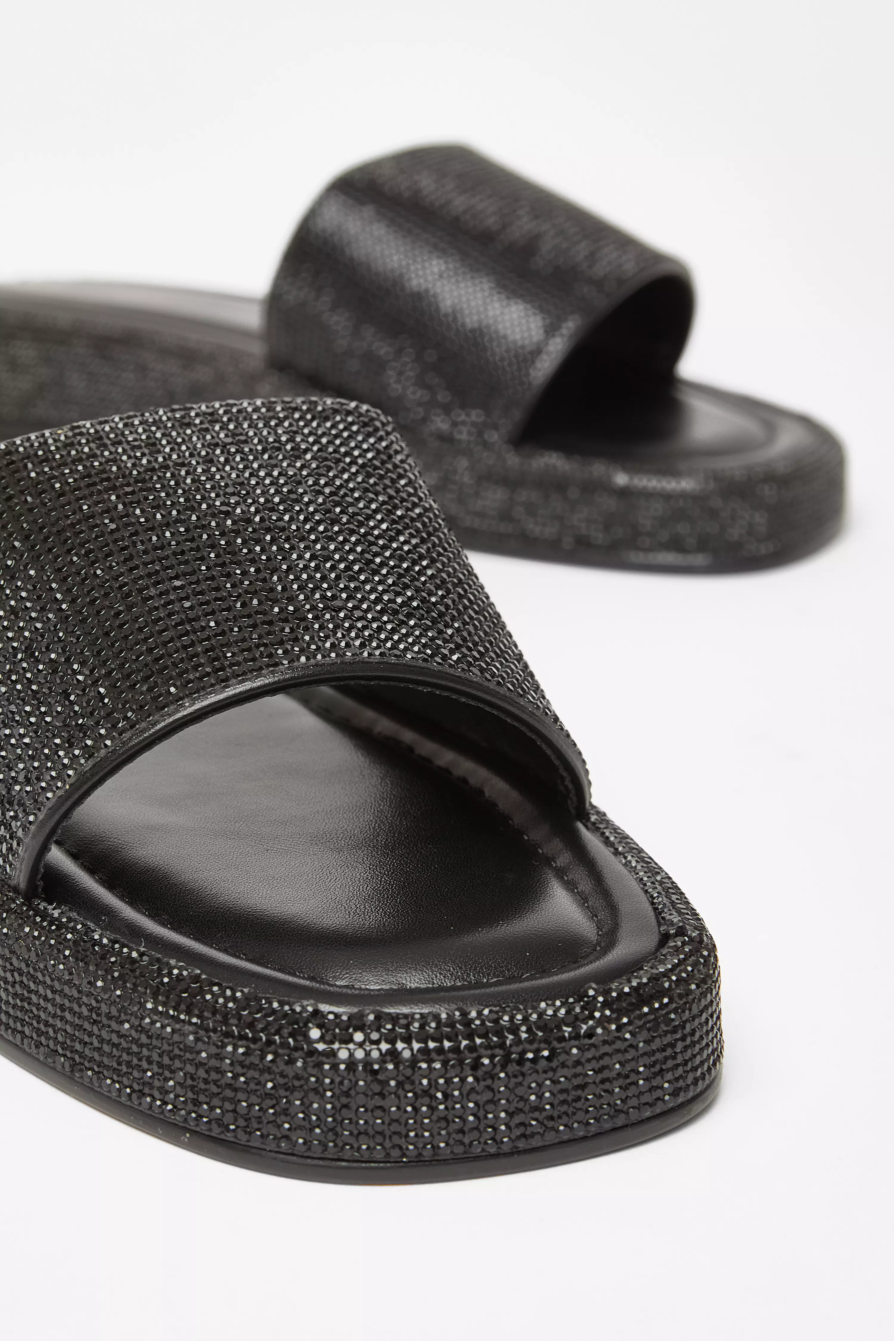 Black Diamante Flat Sandals