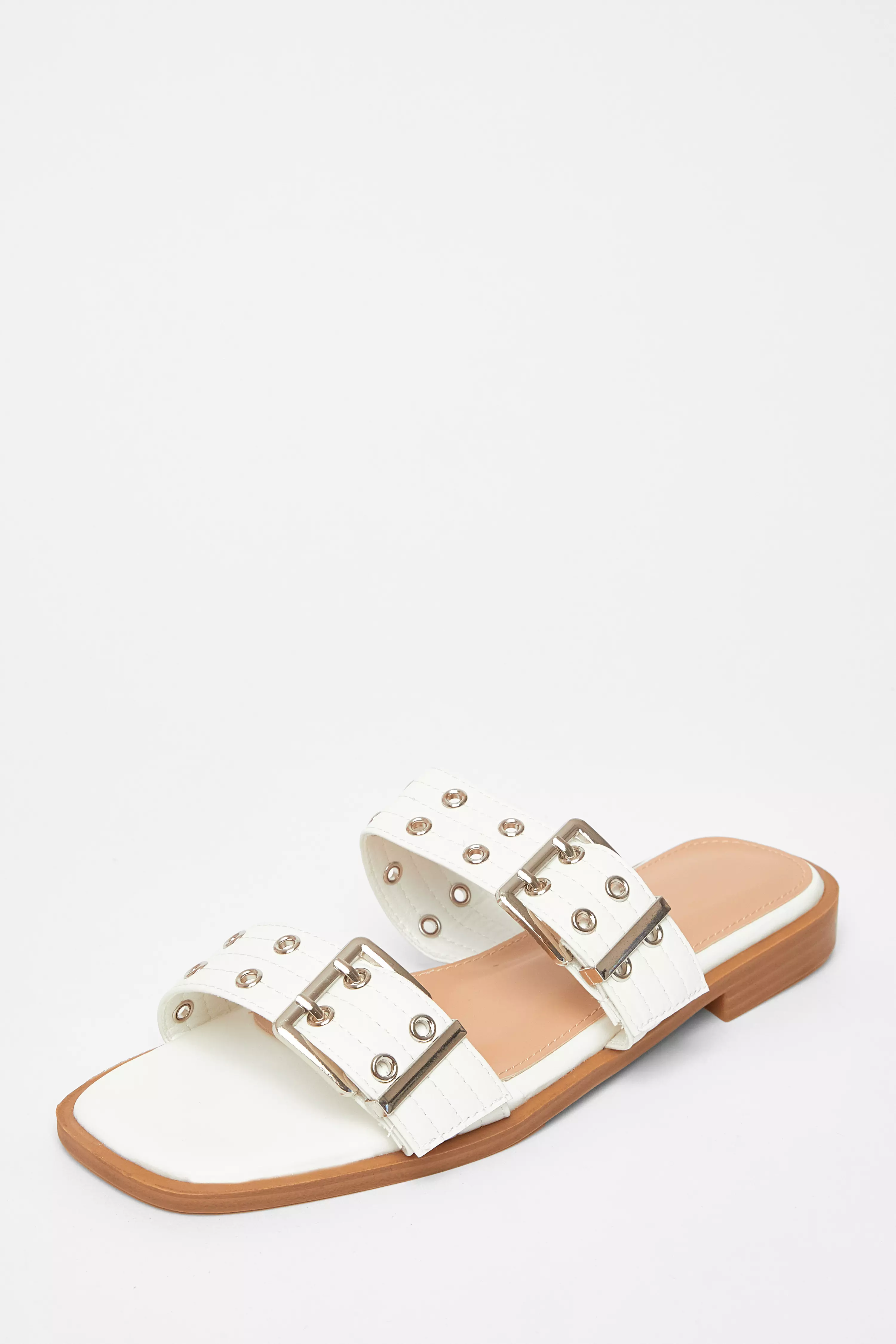 White Buckle Flat Sandals