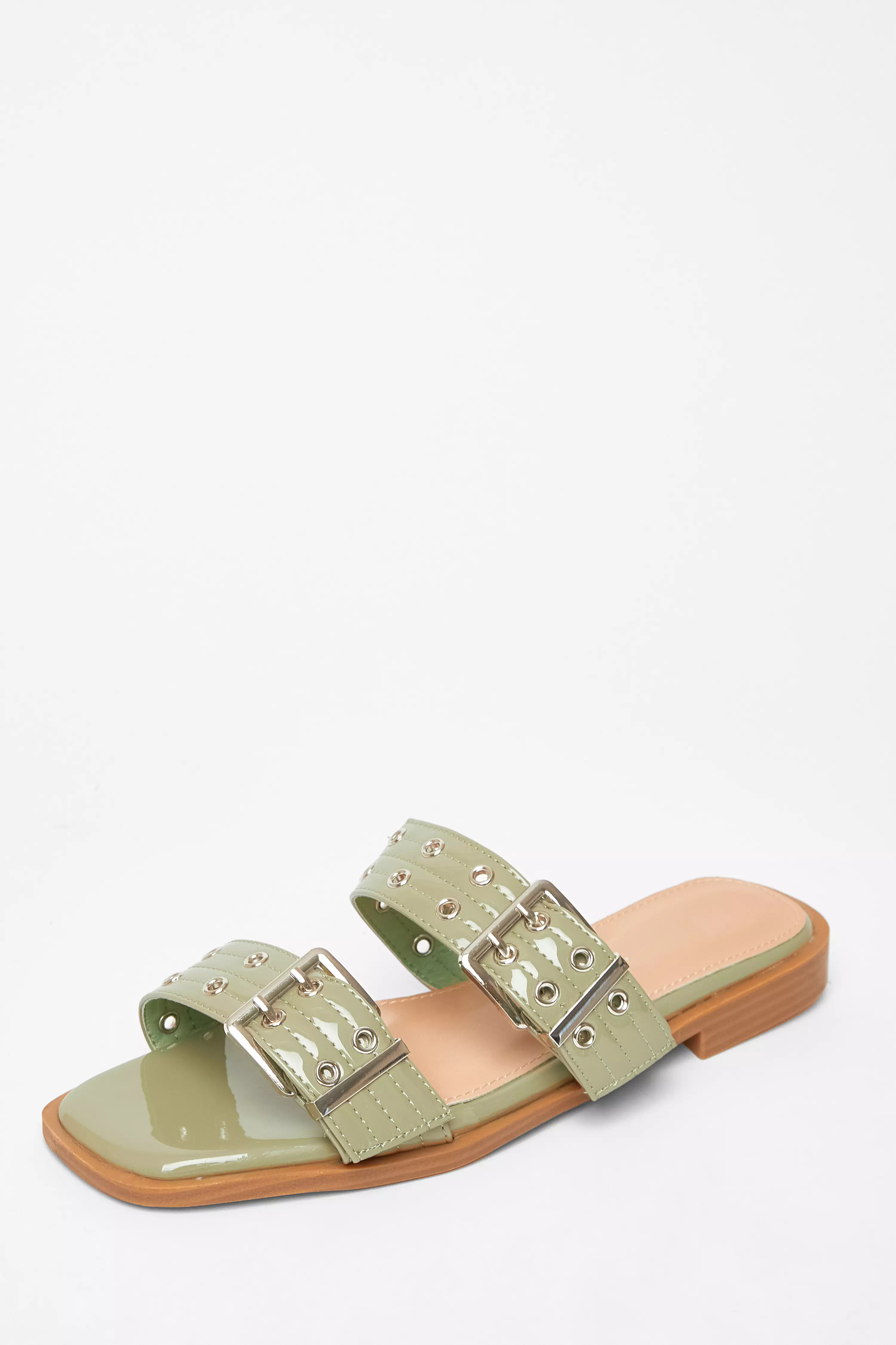 Green Buckle Flat Sandals