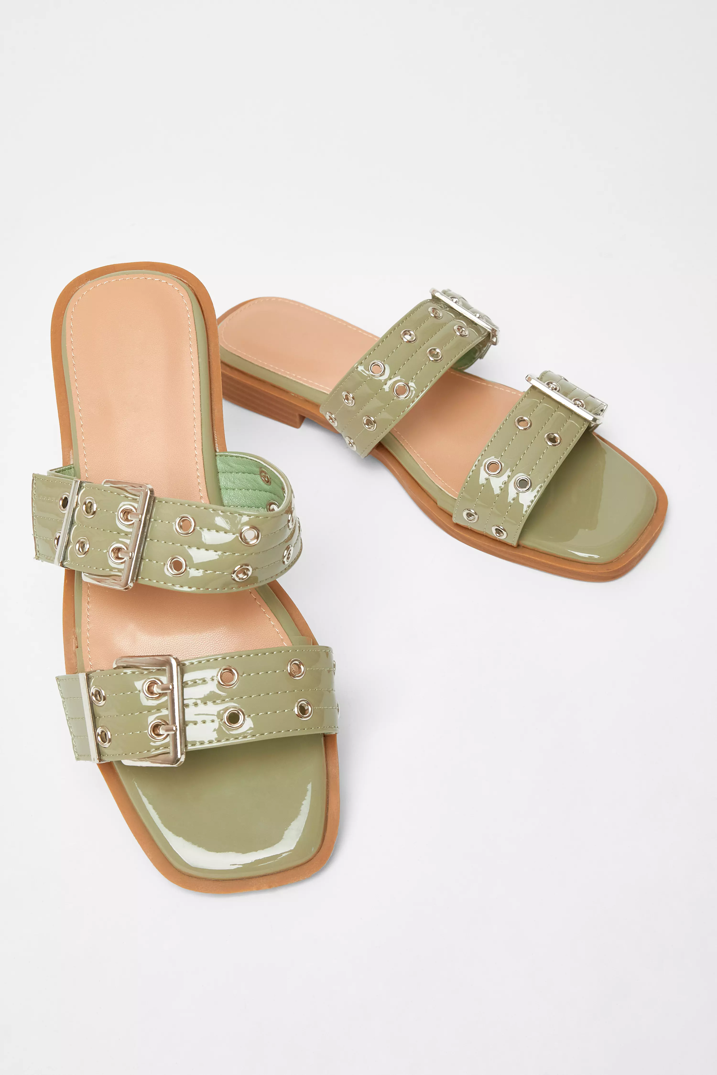 Green Buckle Flat Sandals