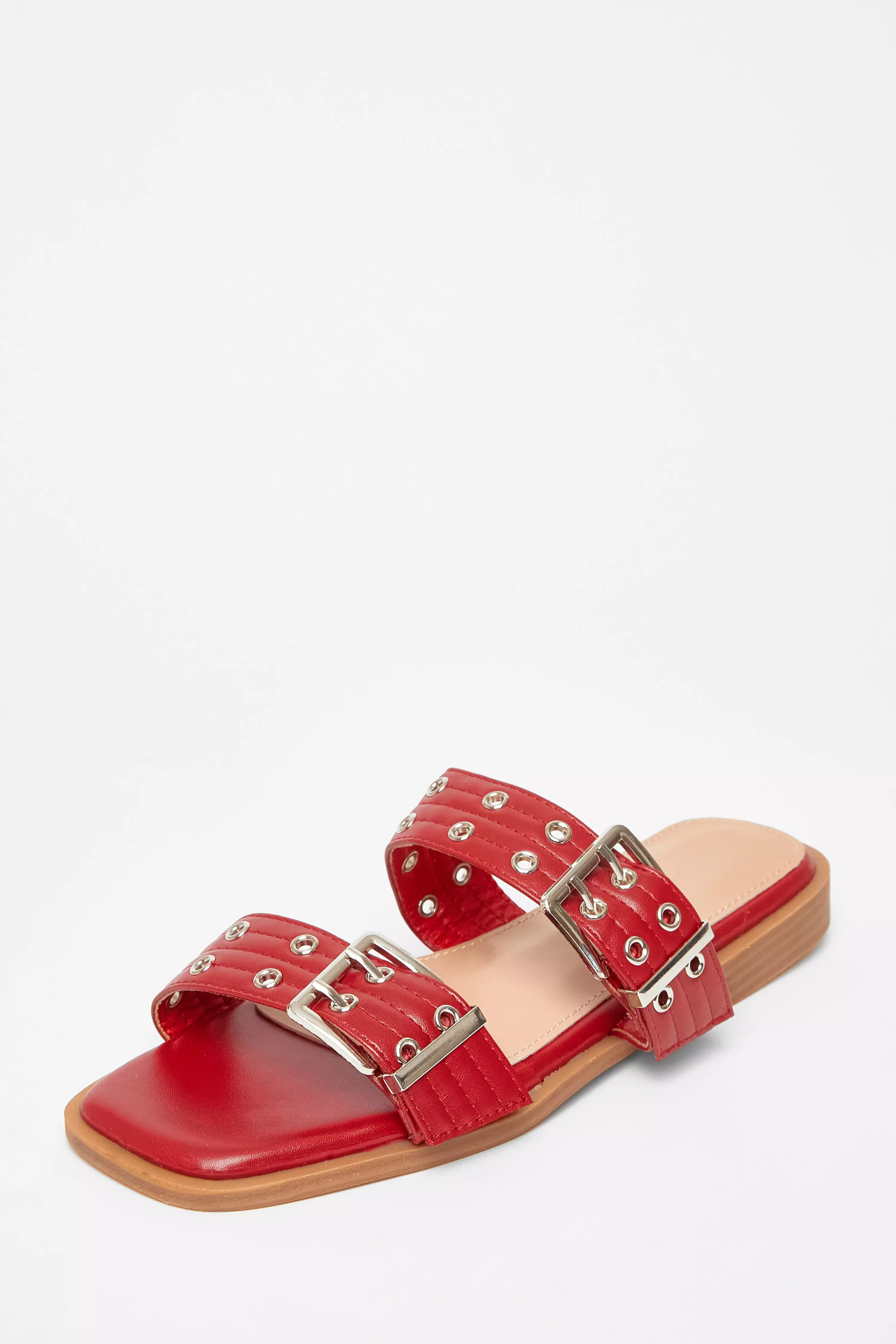 Red Buckle Flat Sandals