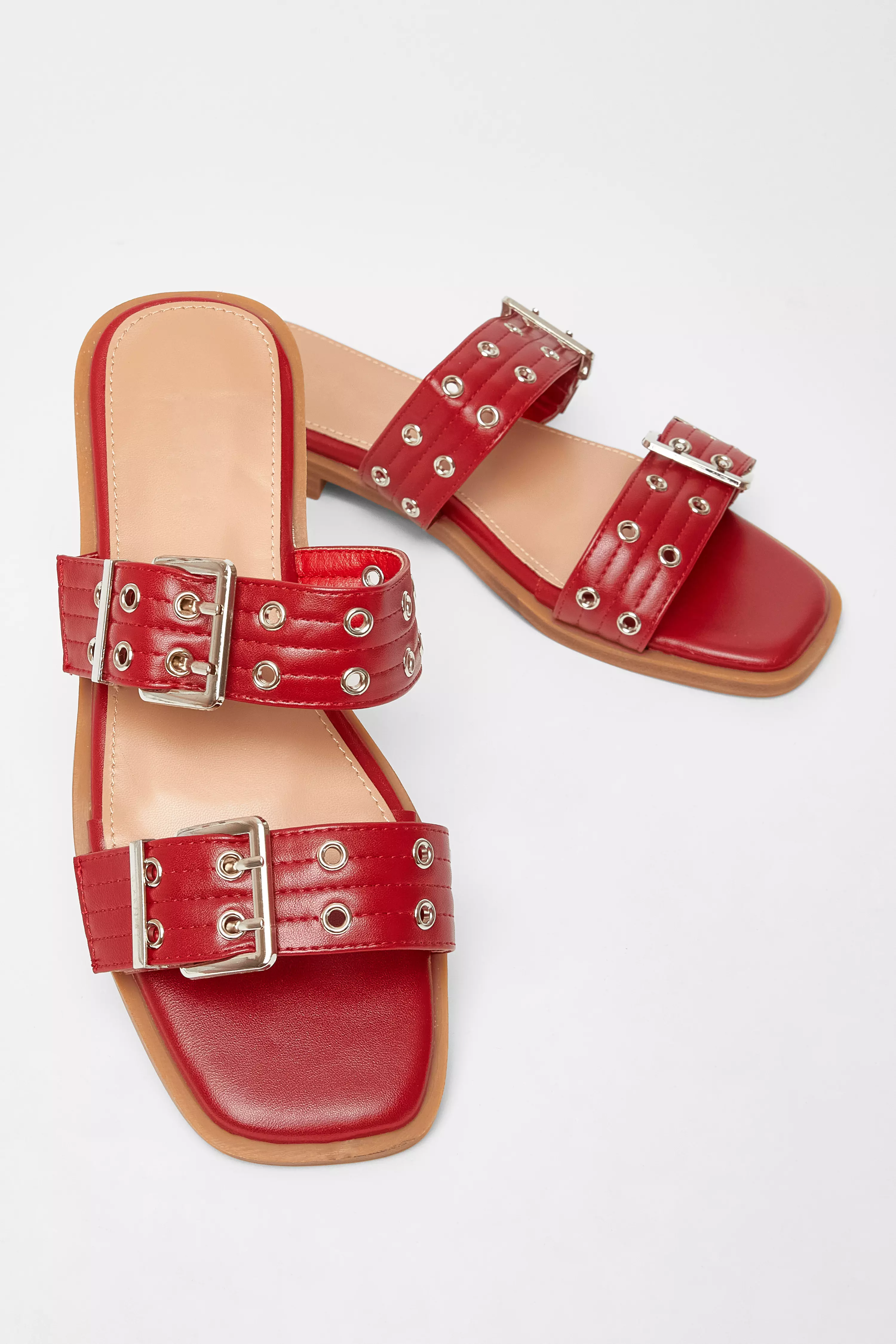 Red Buckle Flat Sandals