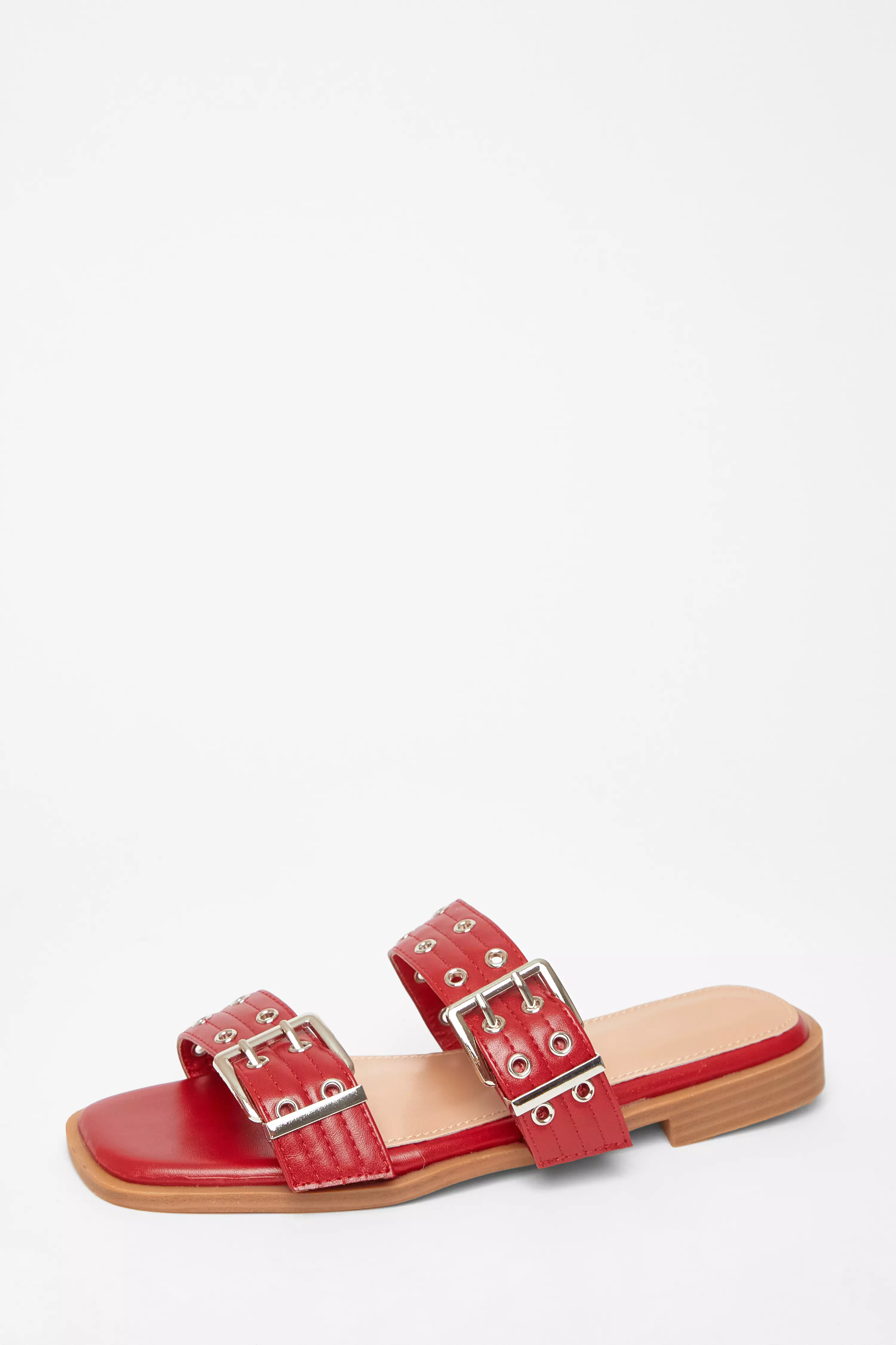 Red Buckle Flat Sandals