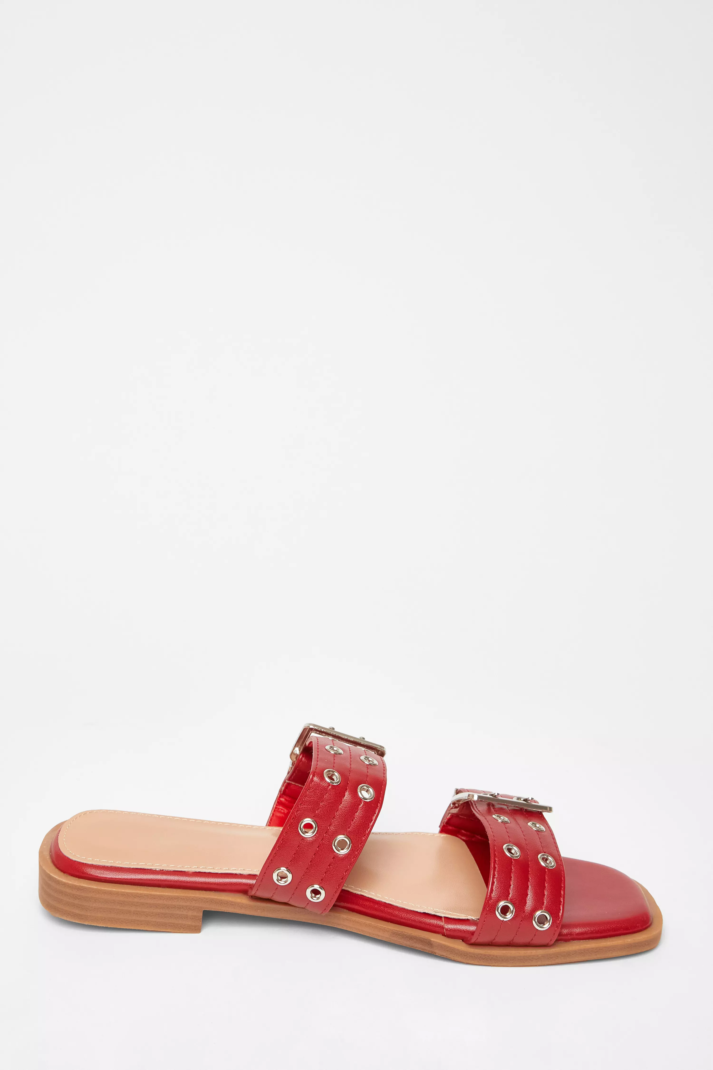 Red Buckle Flat Sandals