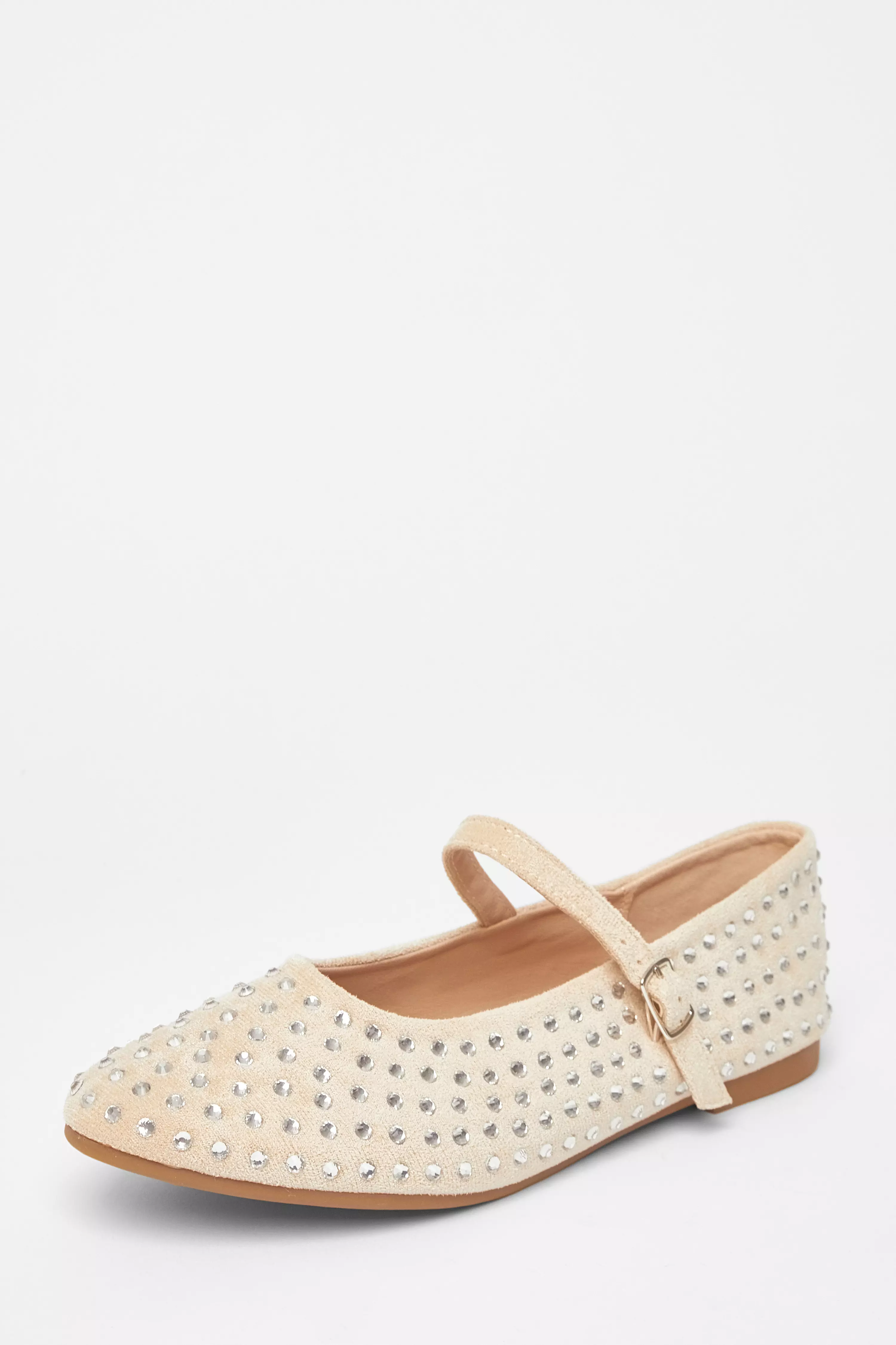 Beige Diamante Ballet Pumps