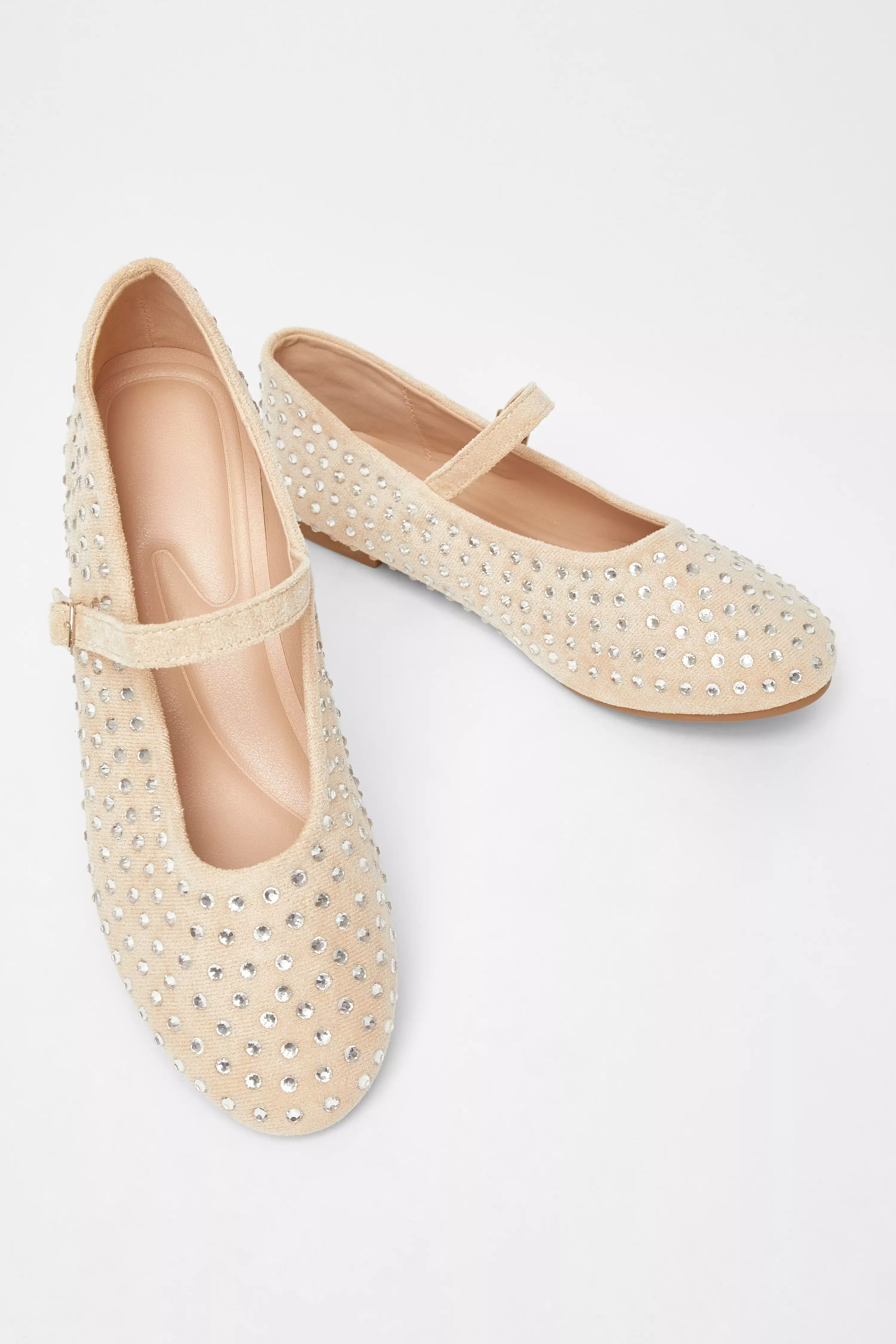 Beige Diamante Ballet Pumps