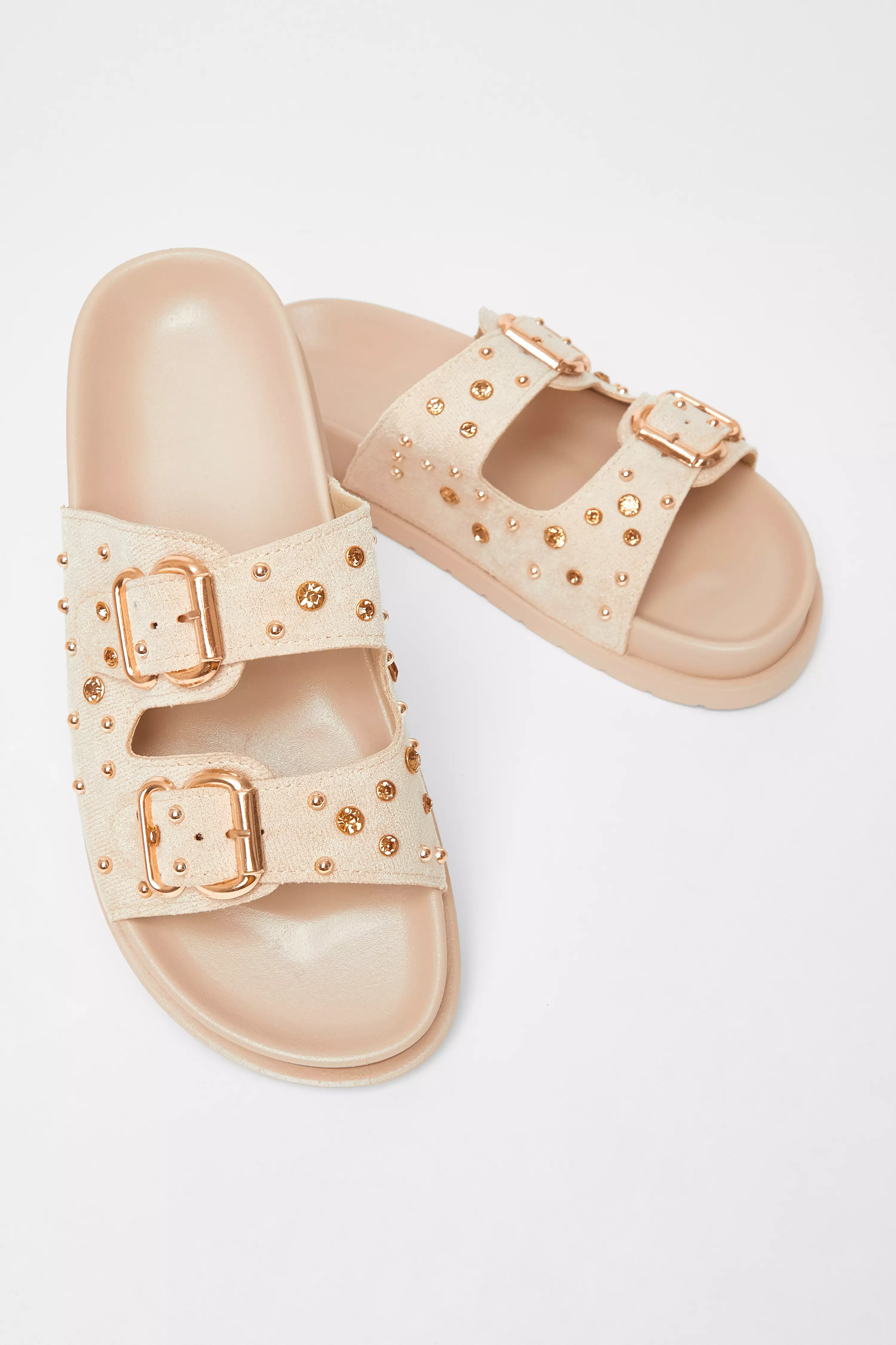 Beige Studded Flat Sandals