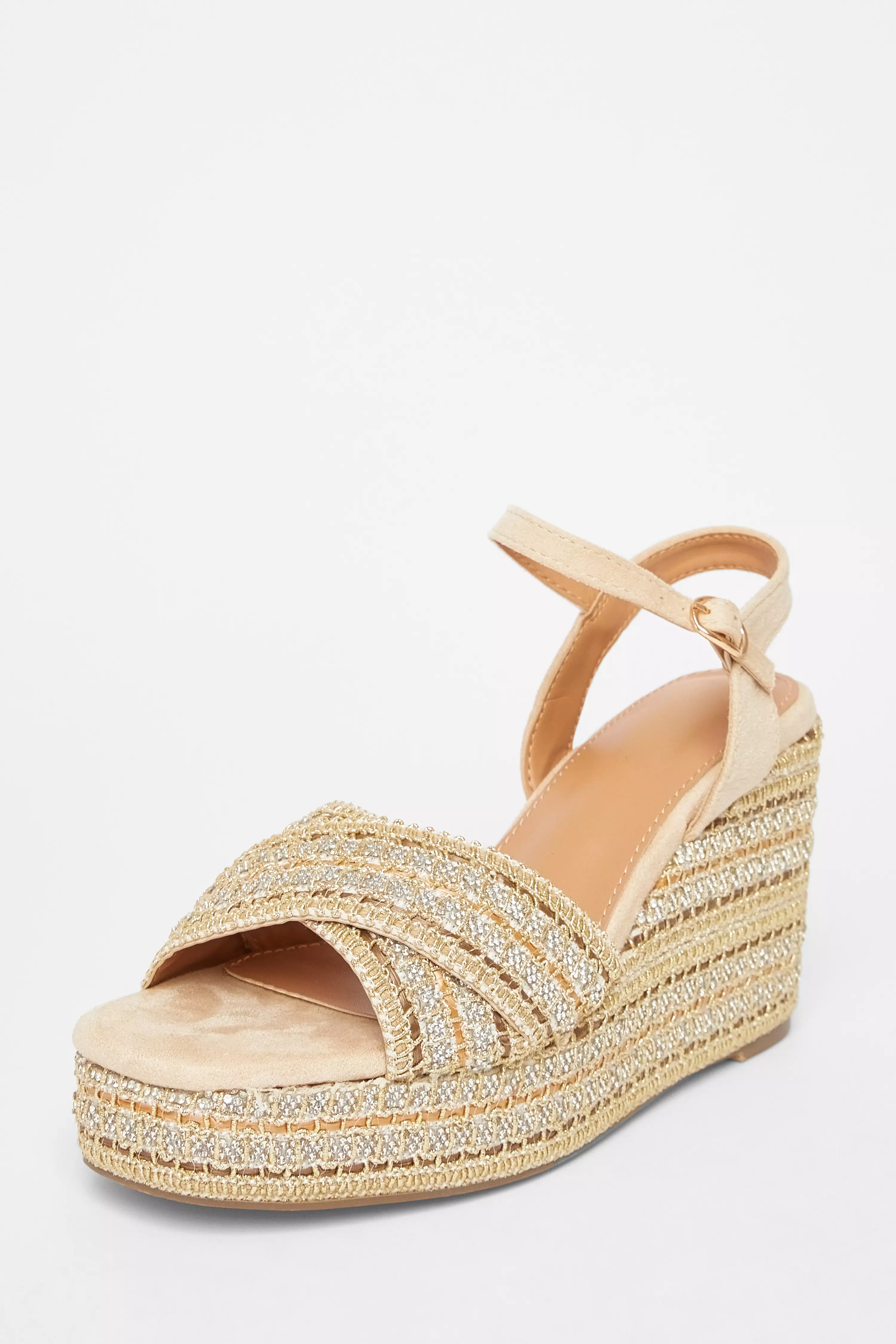 Beige Cross Strap Diamante Wedges