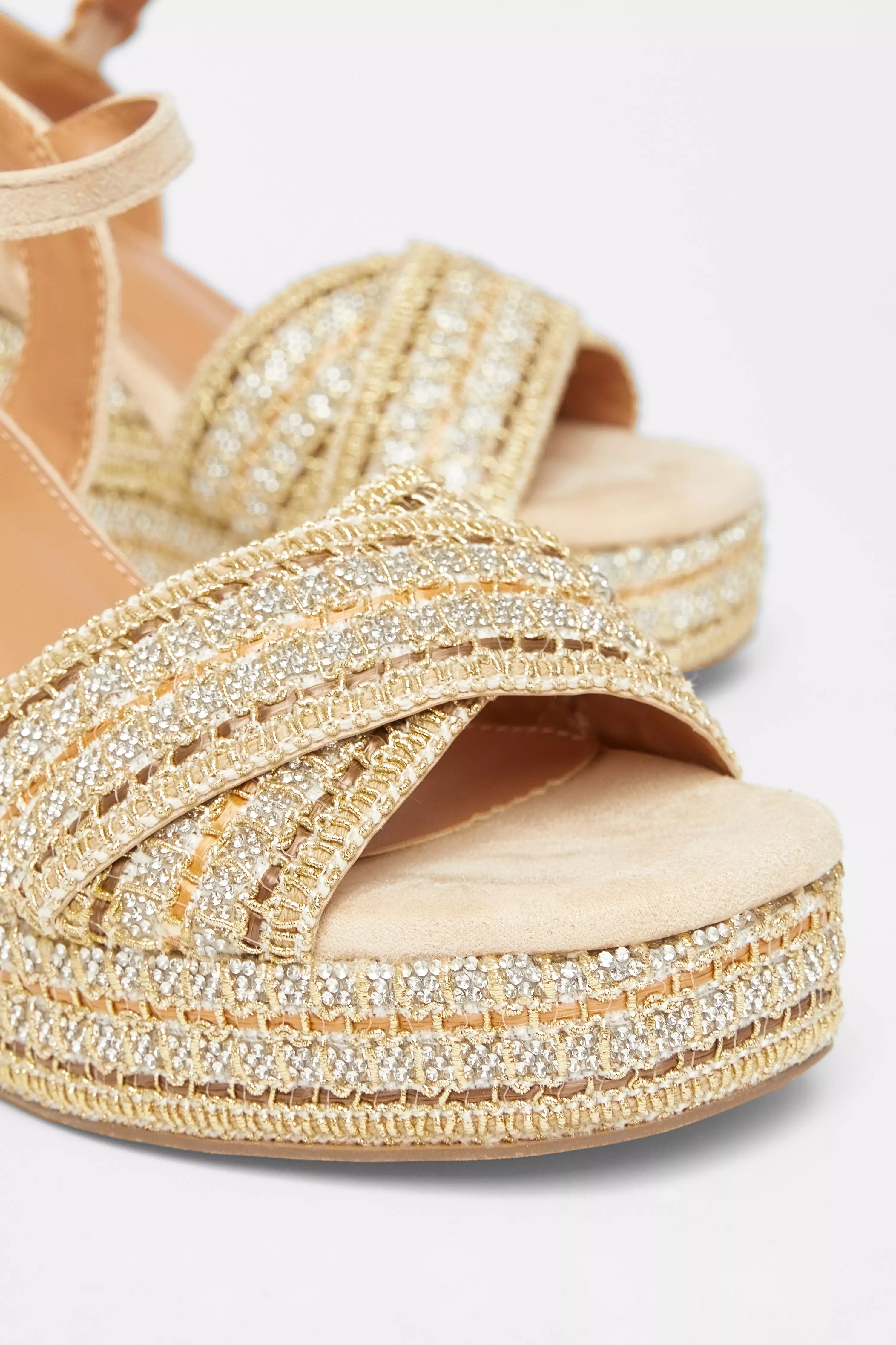 Beige Cross Strap Diamante Wedges
