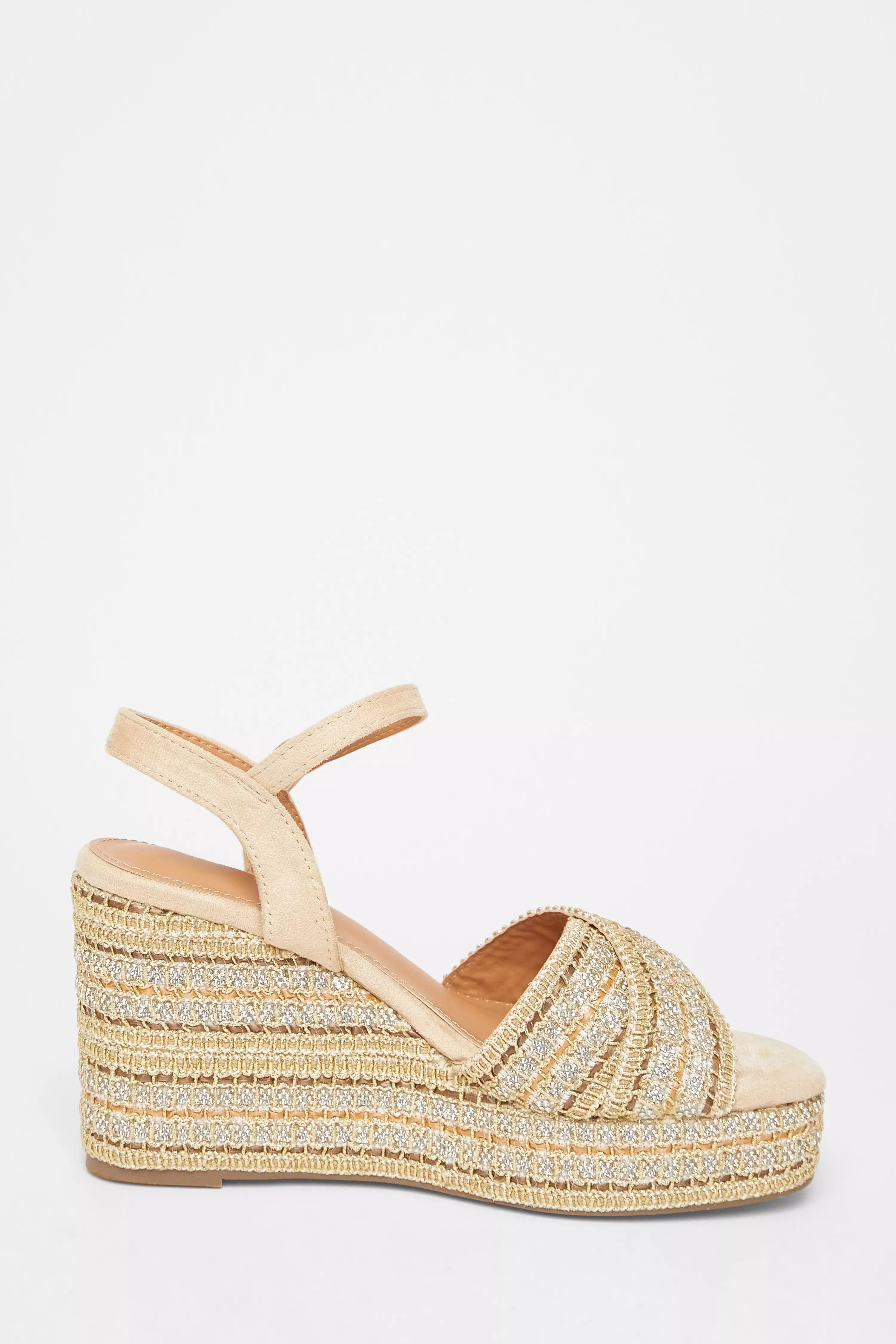 Beige Cross Strap Diamante Wedges