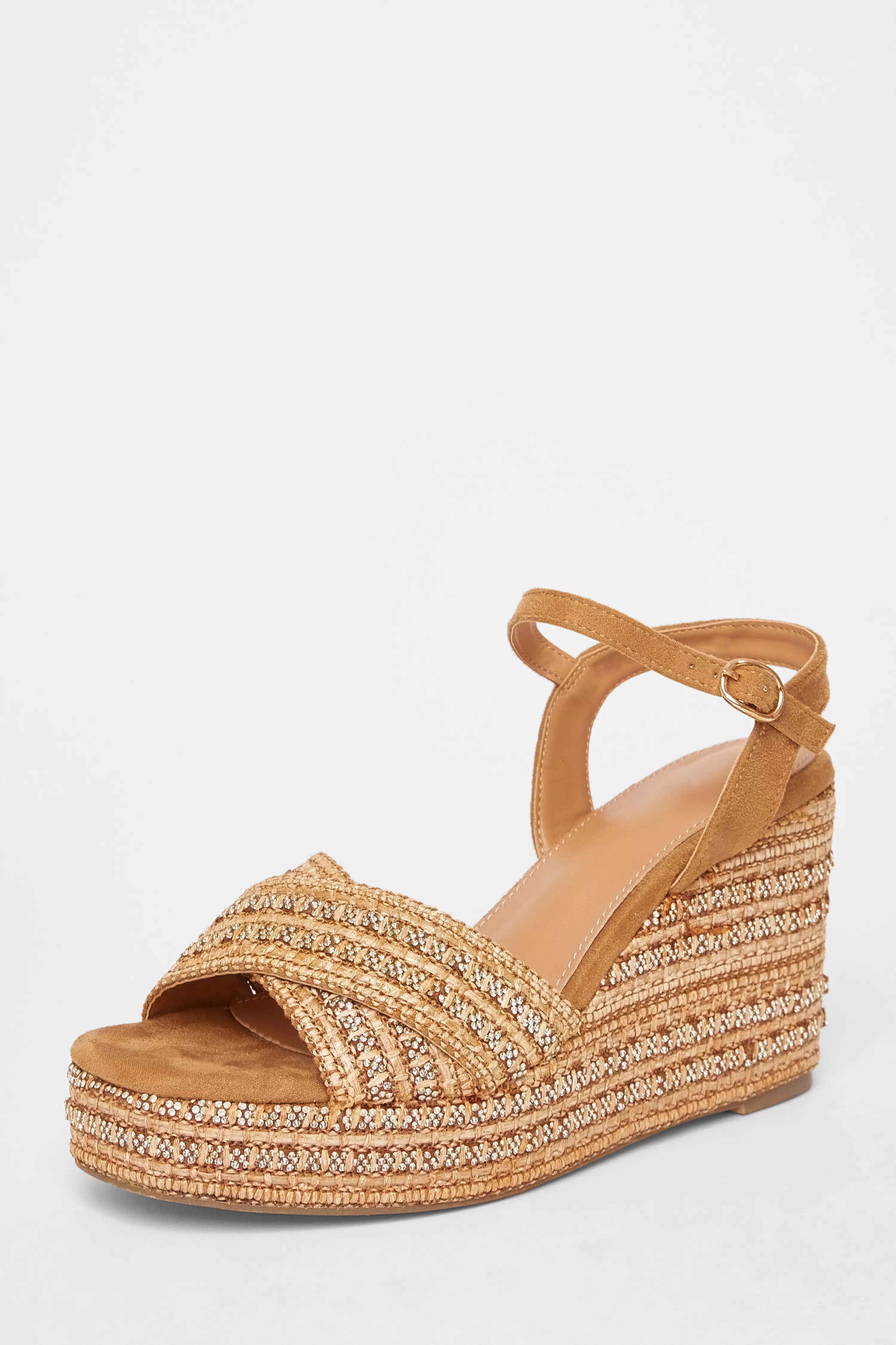 Camel Cross Strap Embellished Wedges