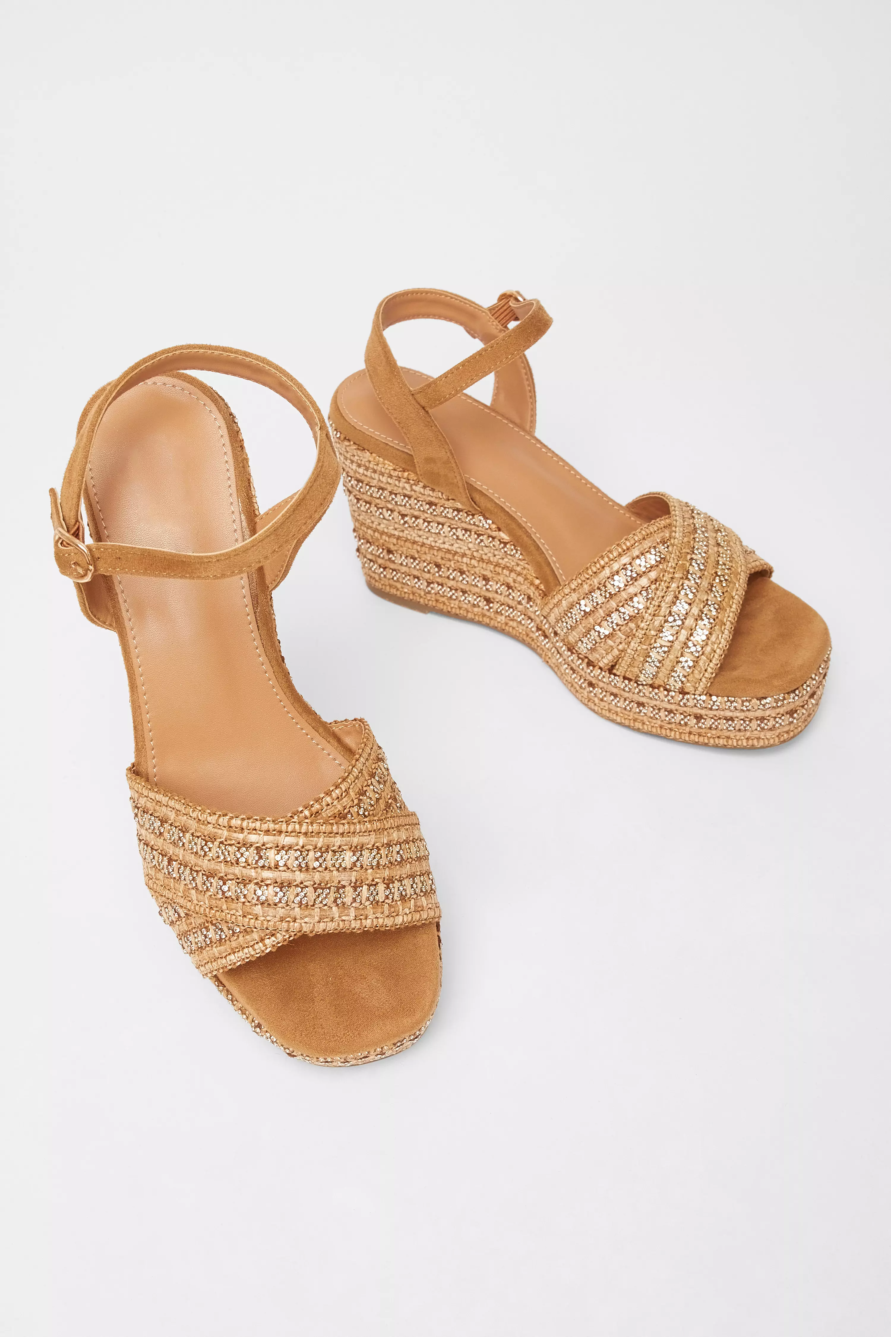 Camel Cross Strap Embellished Wedges