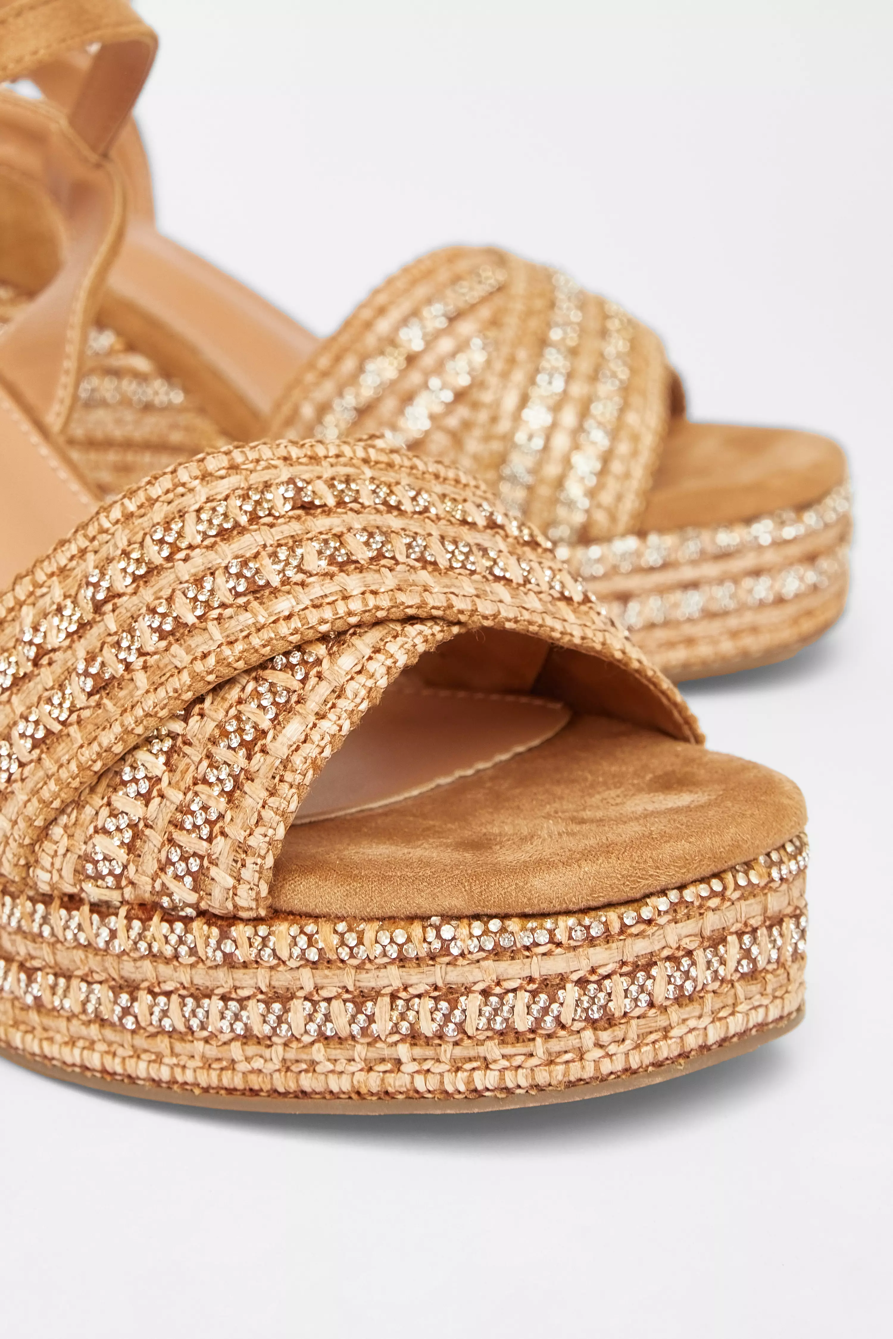 Camel Cross Strap Embellished Wedges
