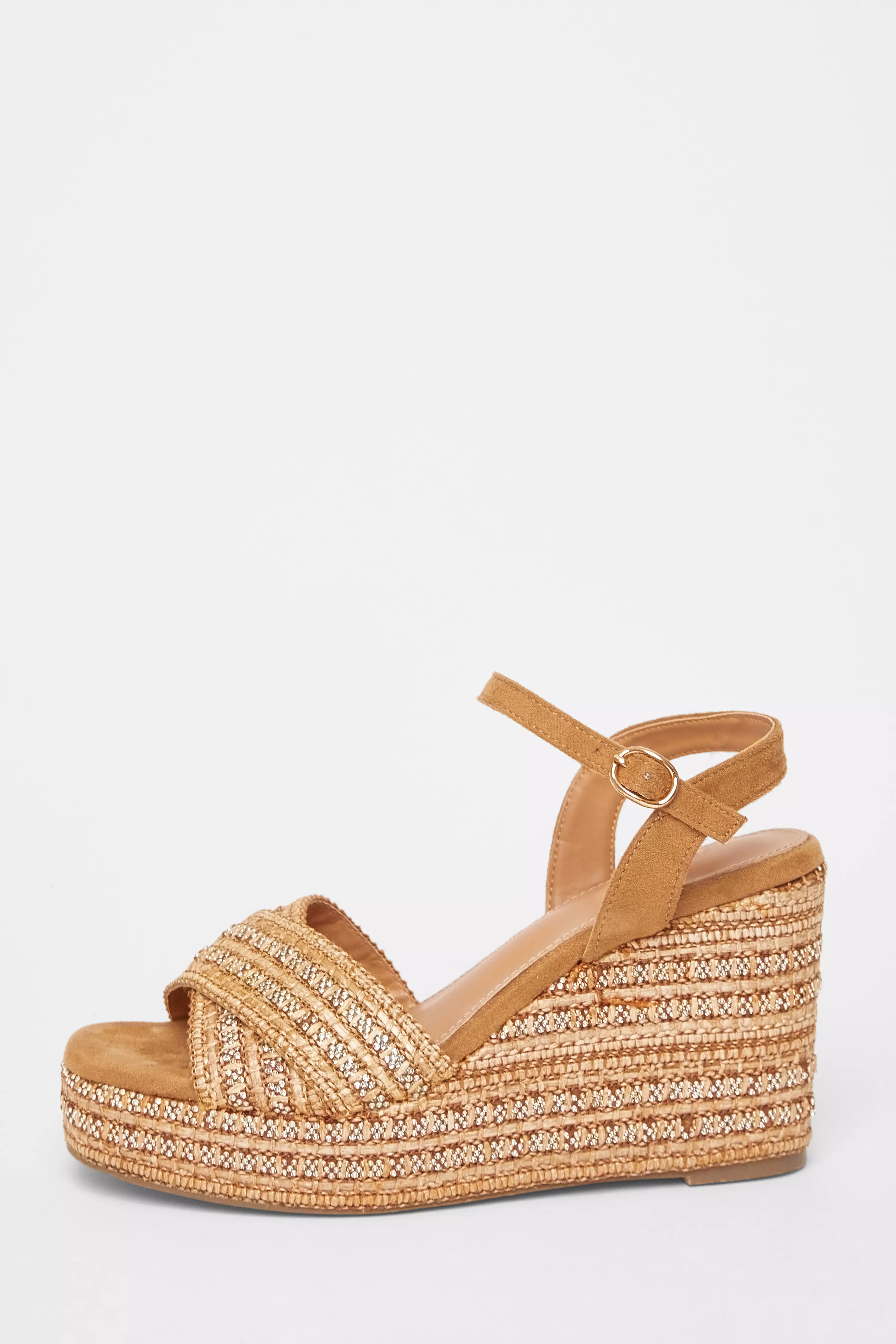Camel Cross Strap Embellished Wedges