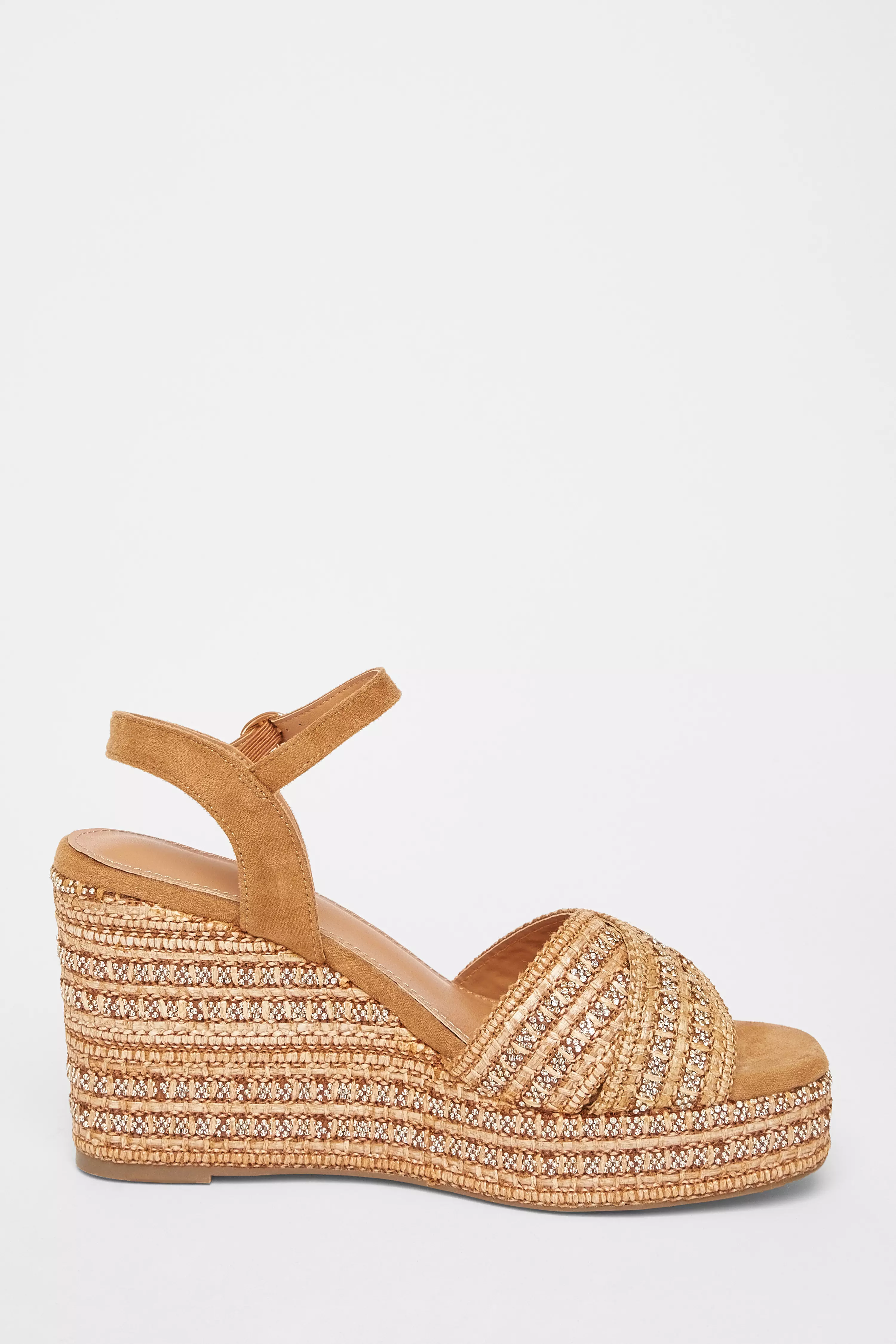 Camel Cross Strap Embellished Wedges