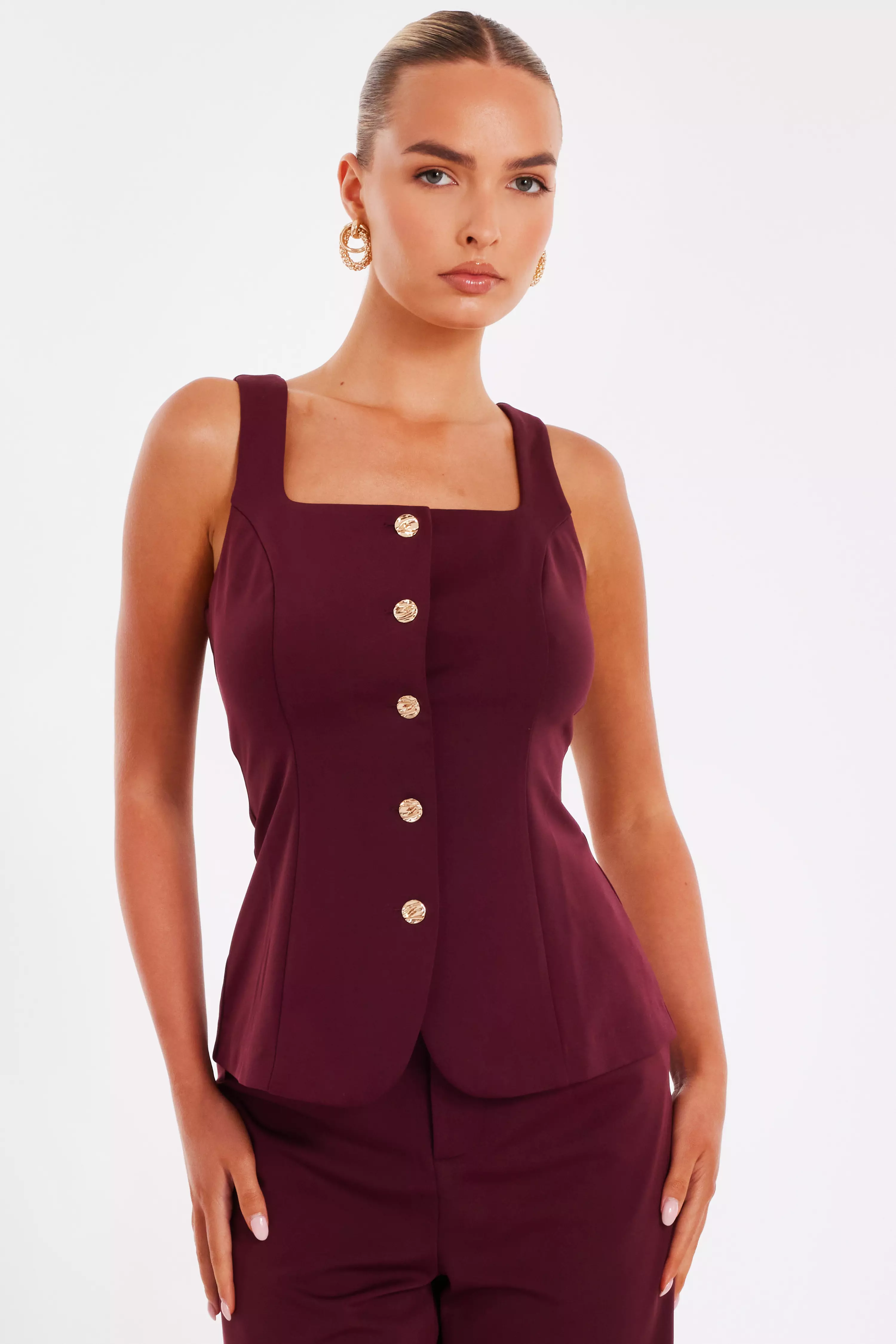 Dark Red Button Front Waistcoat