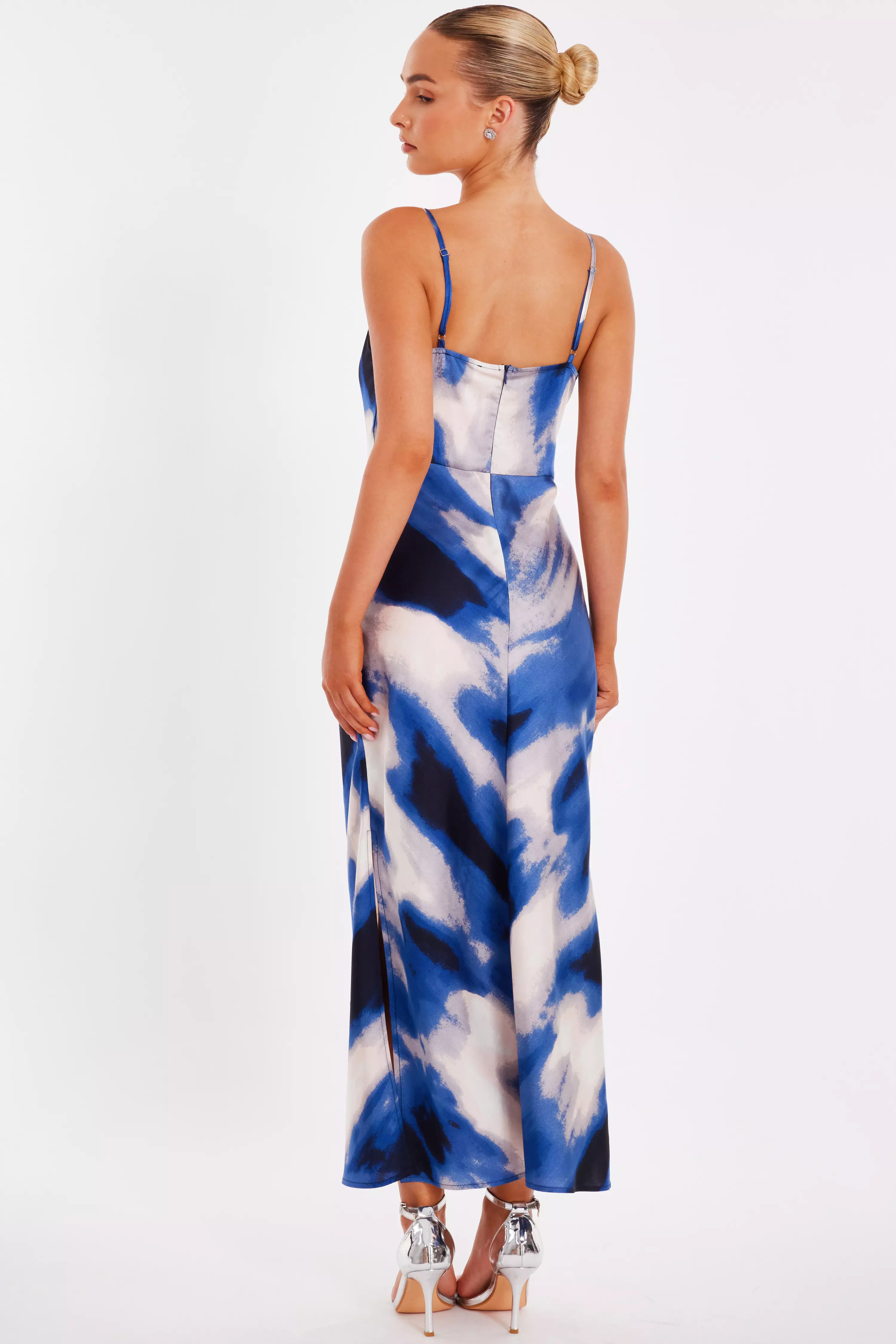 Blue Satin Marble Midaxi Dress