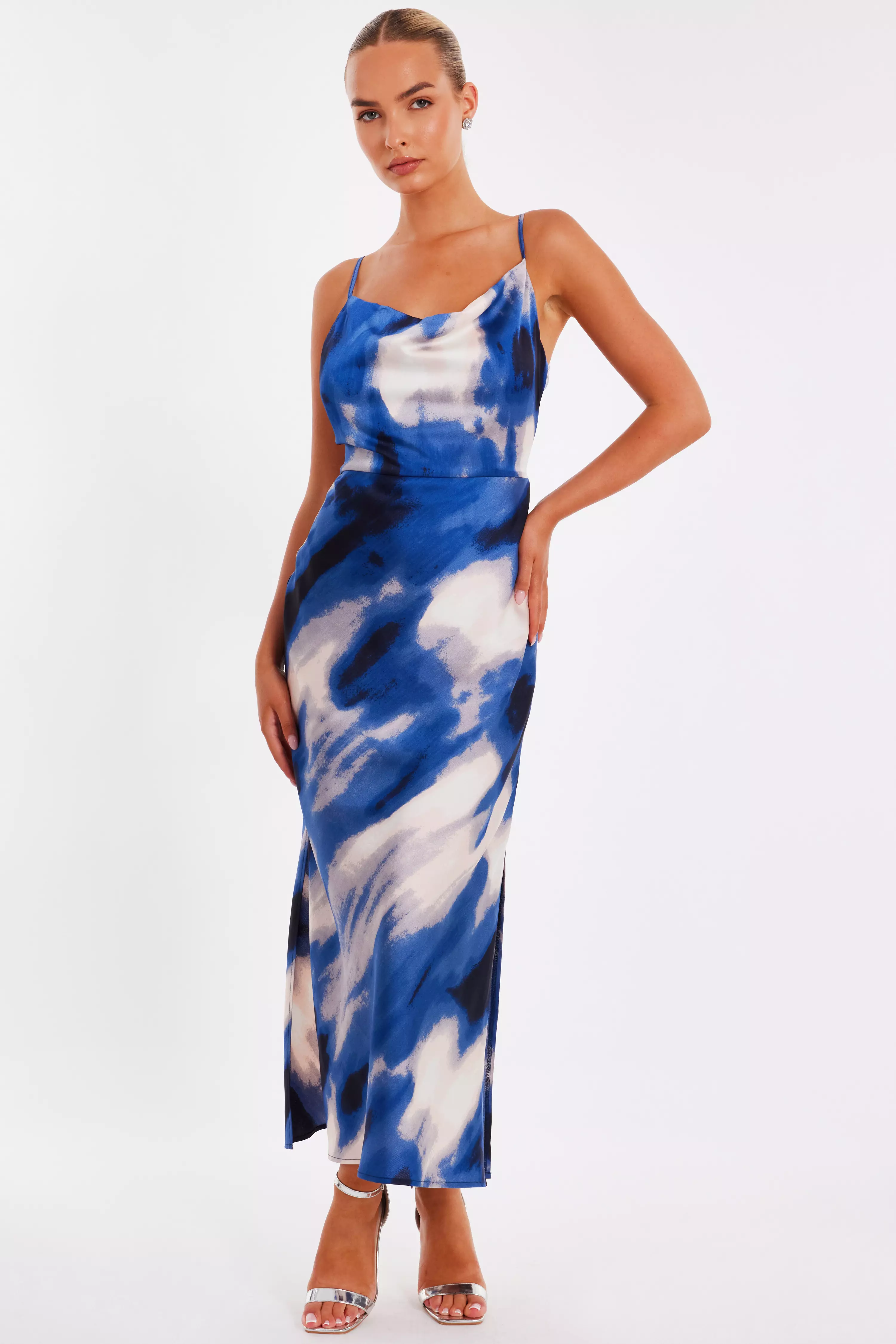 Blue Satin Marble Midaxi Dress