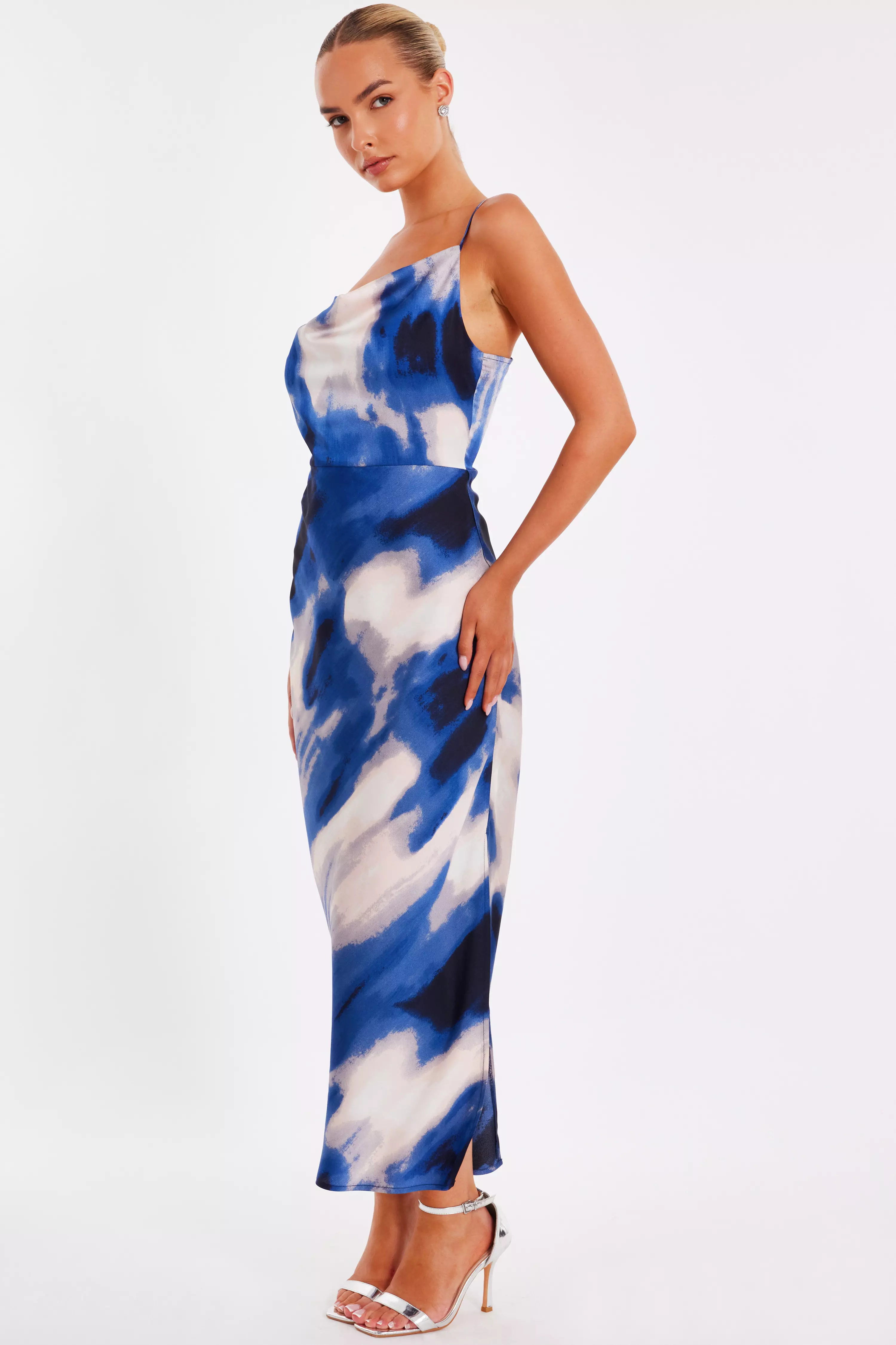 Blue Satin Marble Midaxi Dress