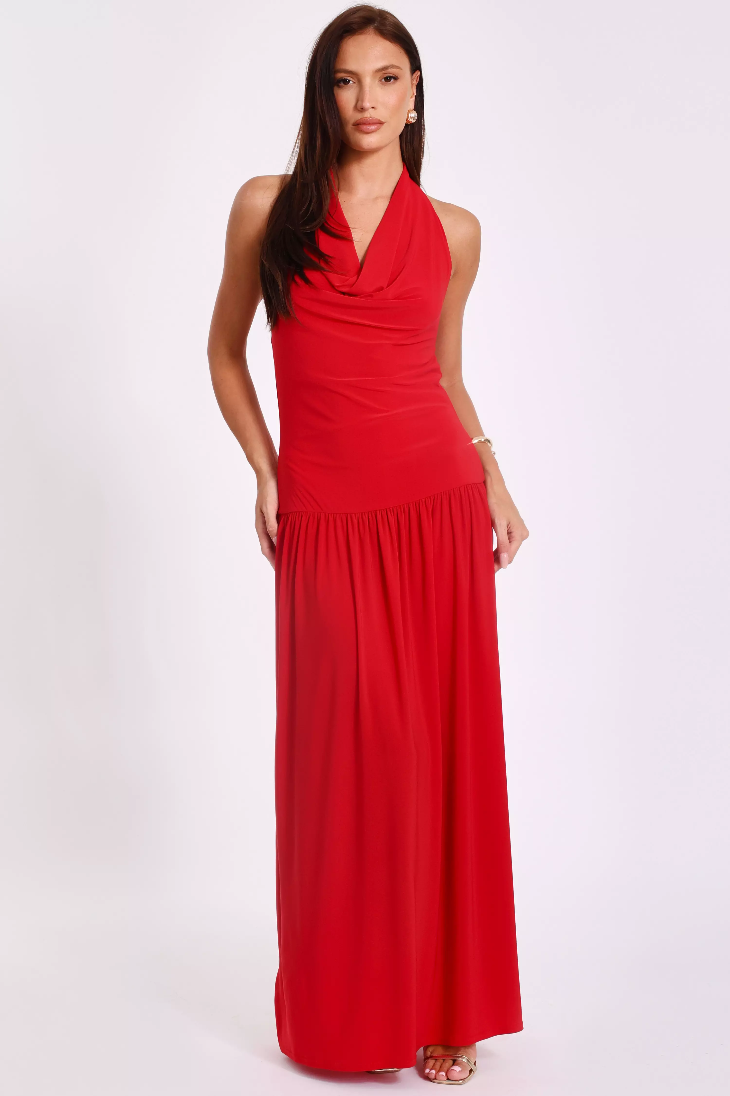 Red Cowl Neck Maxi Dress