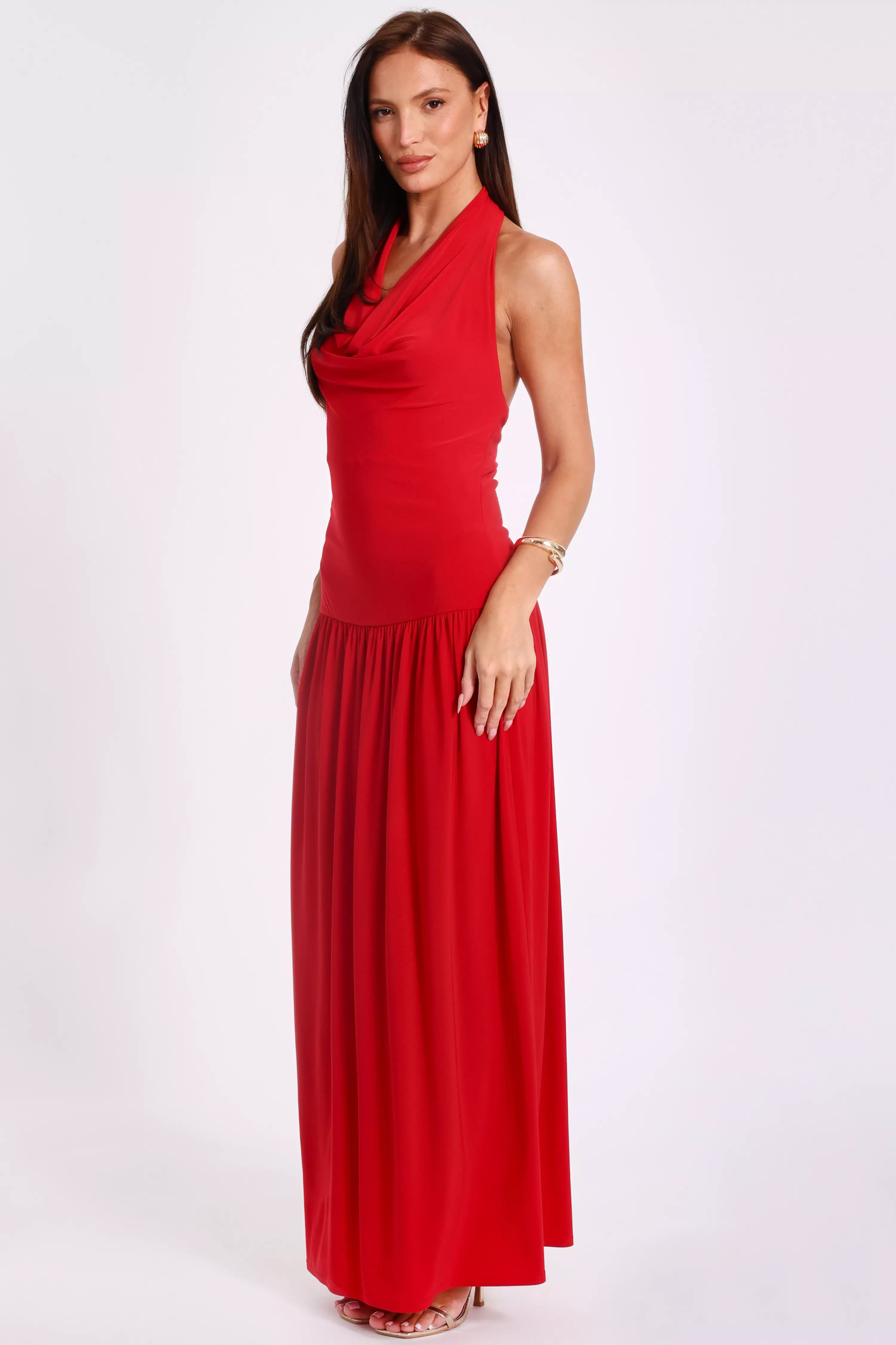 Red Cowl Neck Maxi Dress