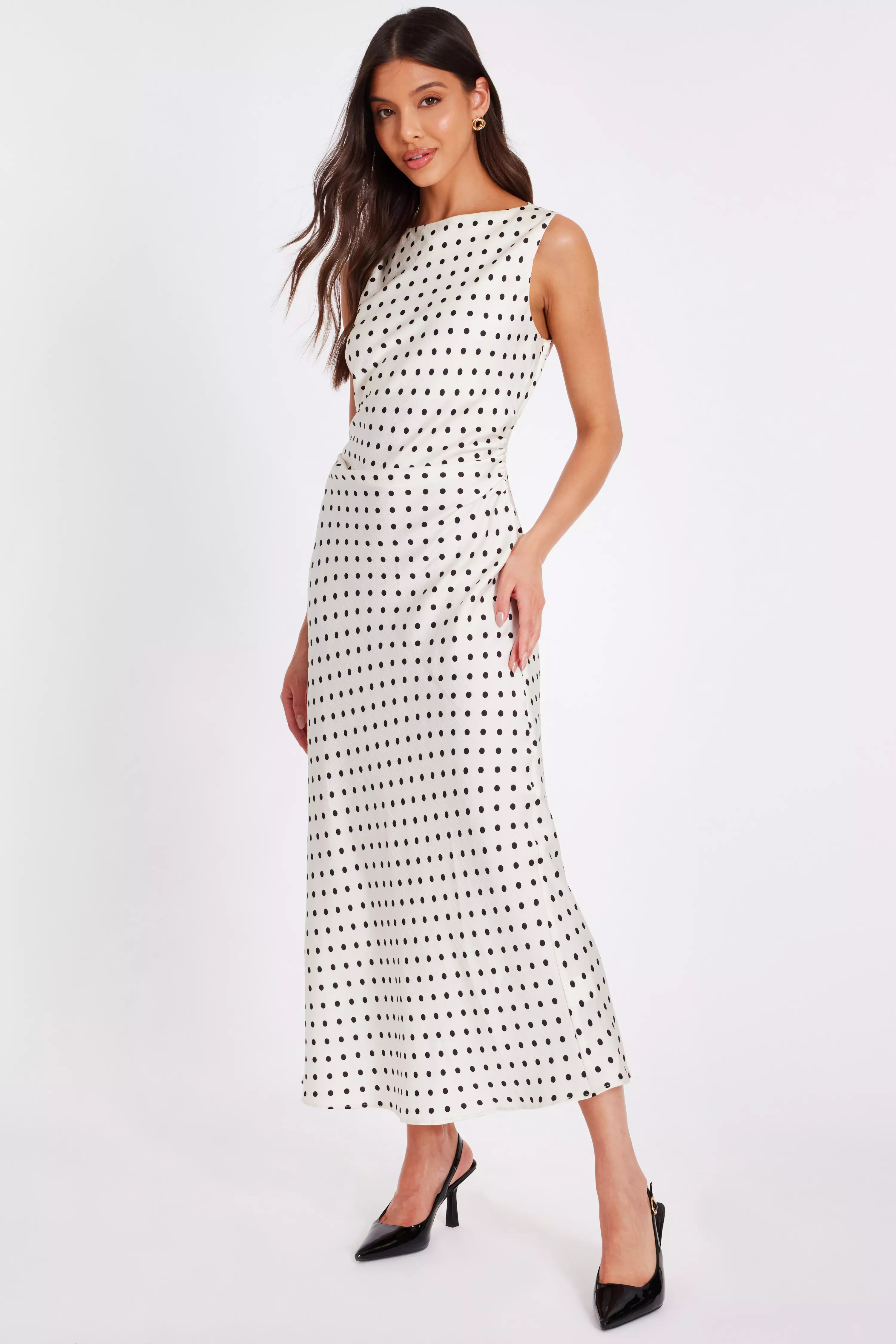 Cream Satin Polka Dot Midaxi Dress