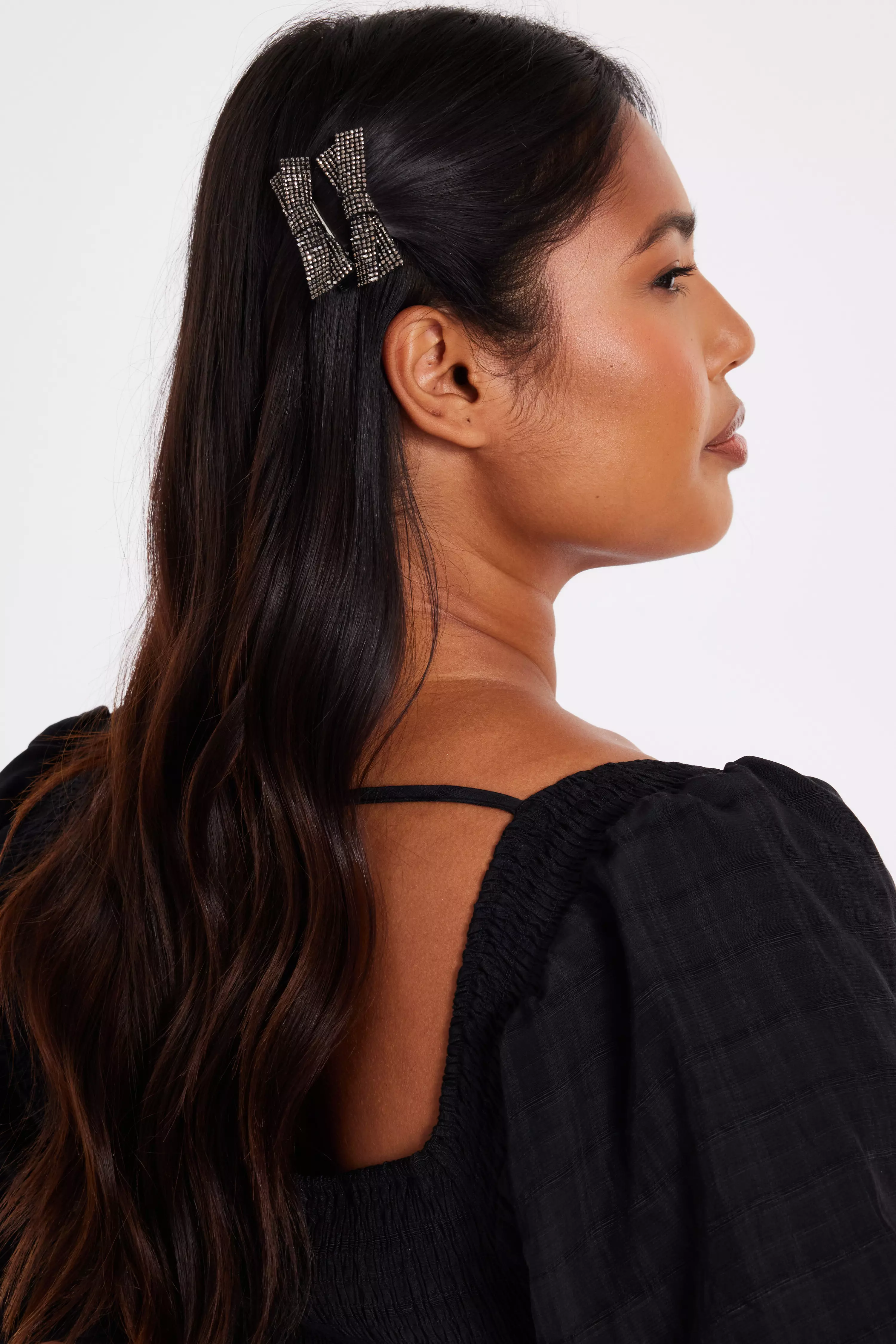 Black Diamante Bow Hair Clips