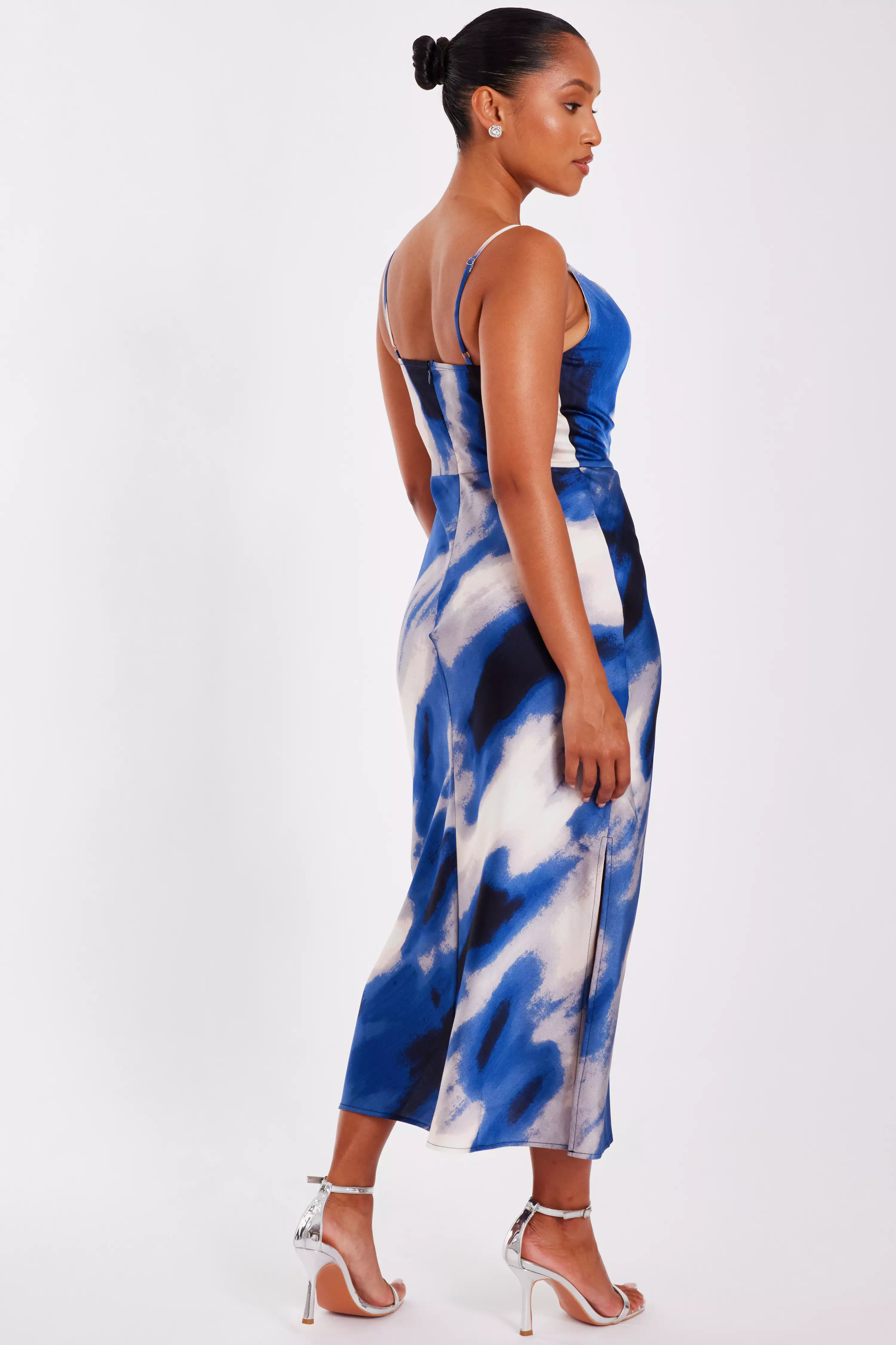 Petite Blue Satin Marble Midaxi Dress